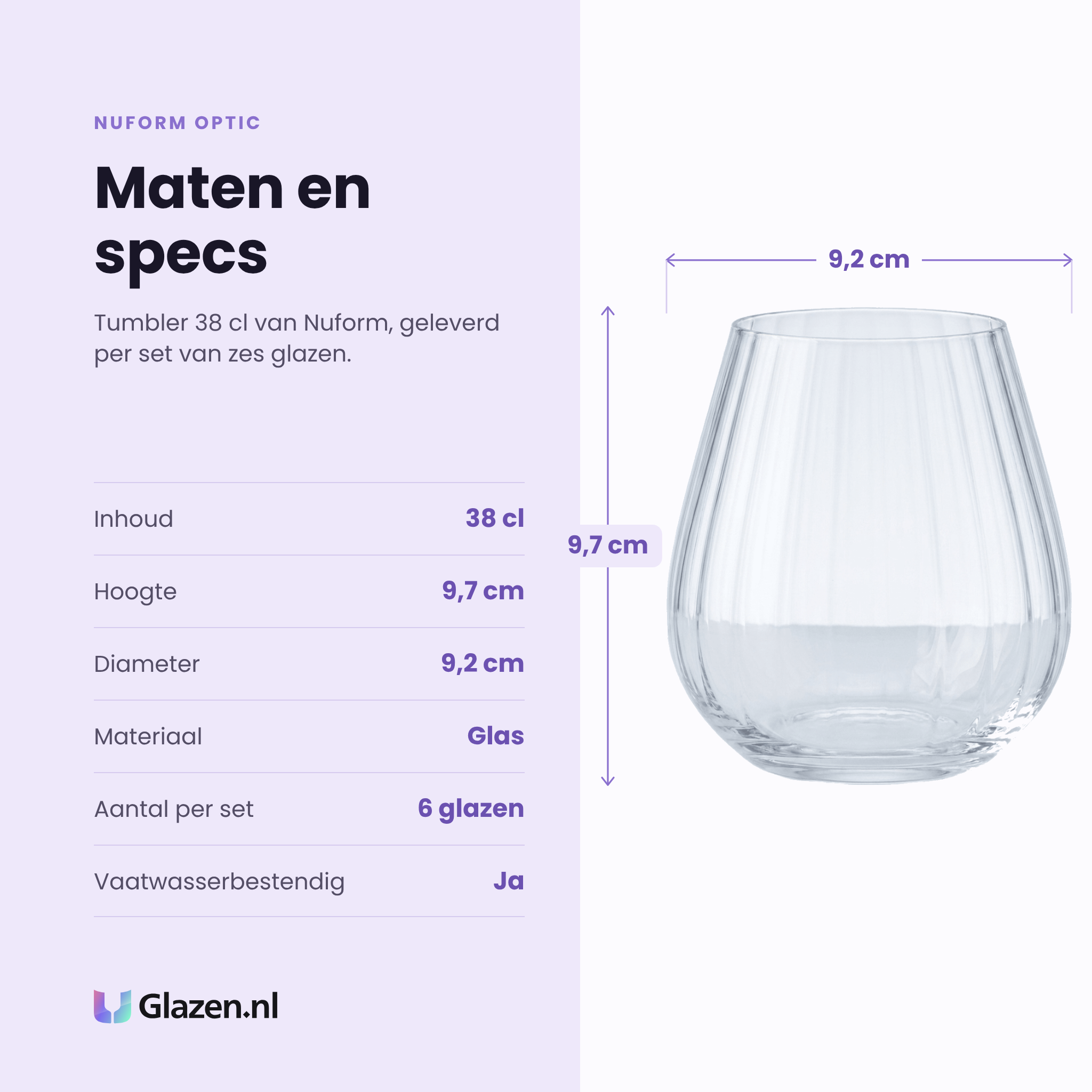 Nuform Optic tumbler 38 cl specificaties: inhoud 38 cl, hoogte 9,7 cm, diameter 9,2 cm, glas, set van 6
