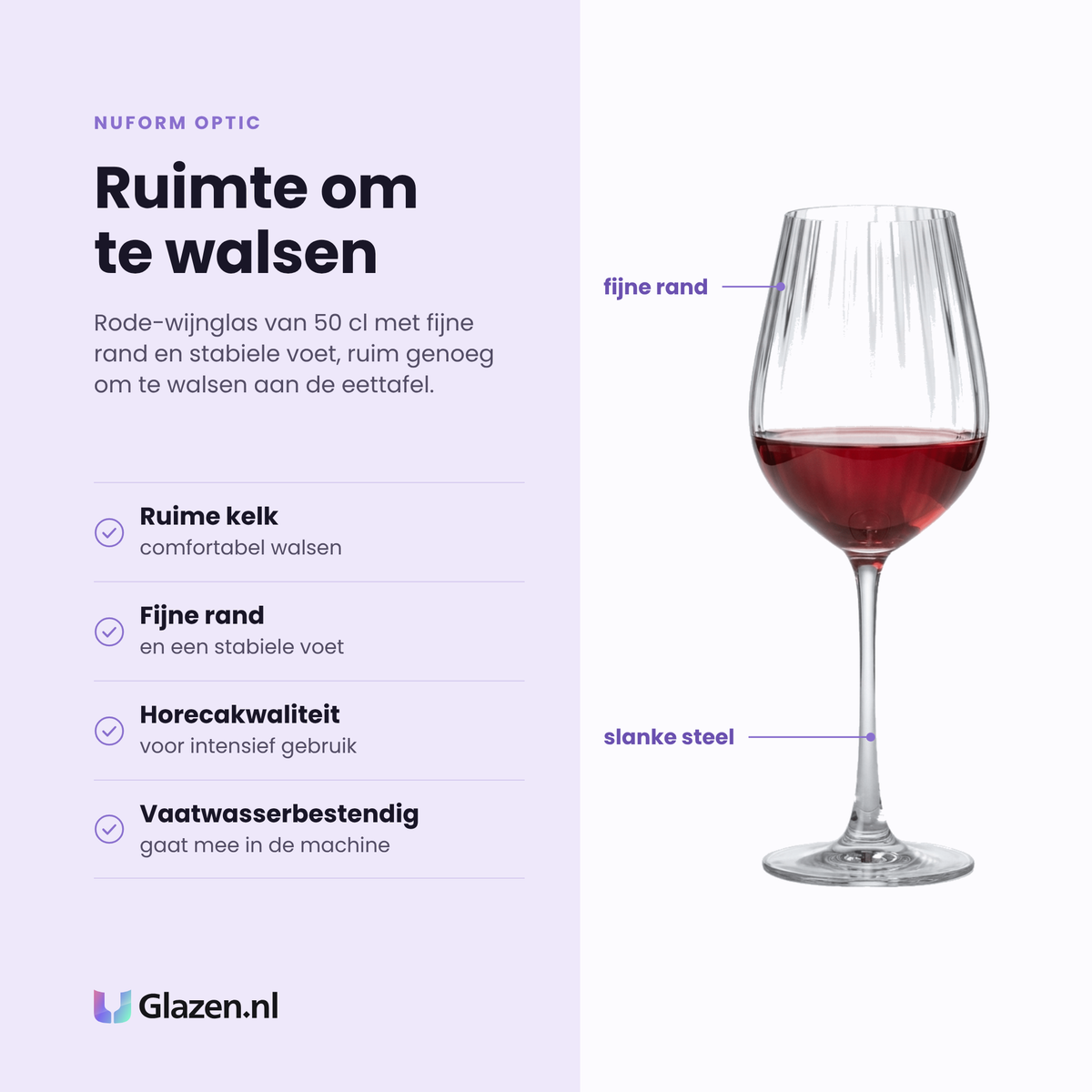 Nuform Optic wijnglas 50 cl eigenschappen: ruime kelk, fijne rand, horecakwaliteit, vaatwasserbestendig