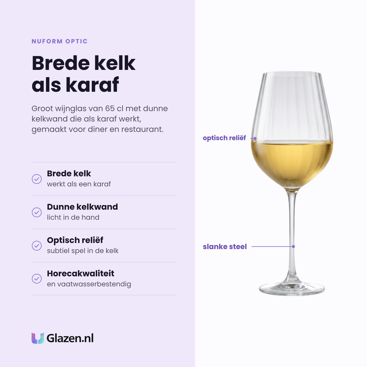 Nuform Optic wijnglas 65 cl eigenschappen: brede kelk, dunne kelkwand, optisch relief, horecakwaliteit