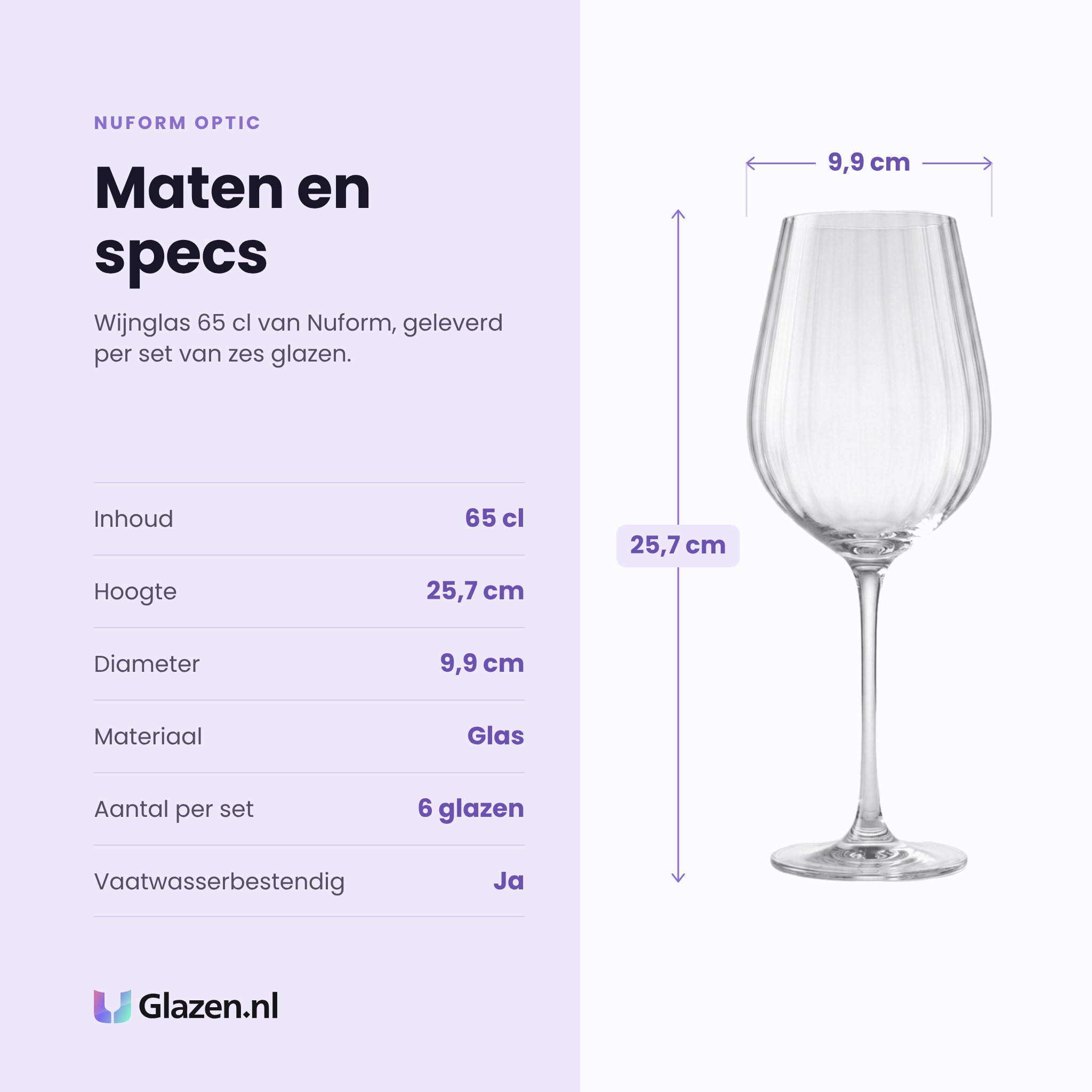 Nuform Optic wijnglas 65 cl specificaties: inhoud 65 cl, hoogte 25,7 cm, diameter 9,9 cm, glas, set van 6