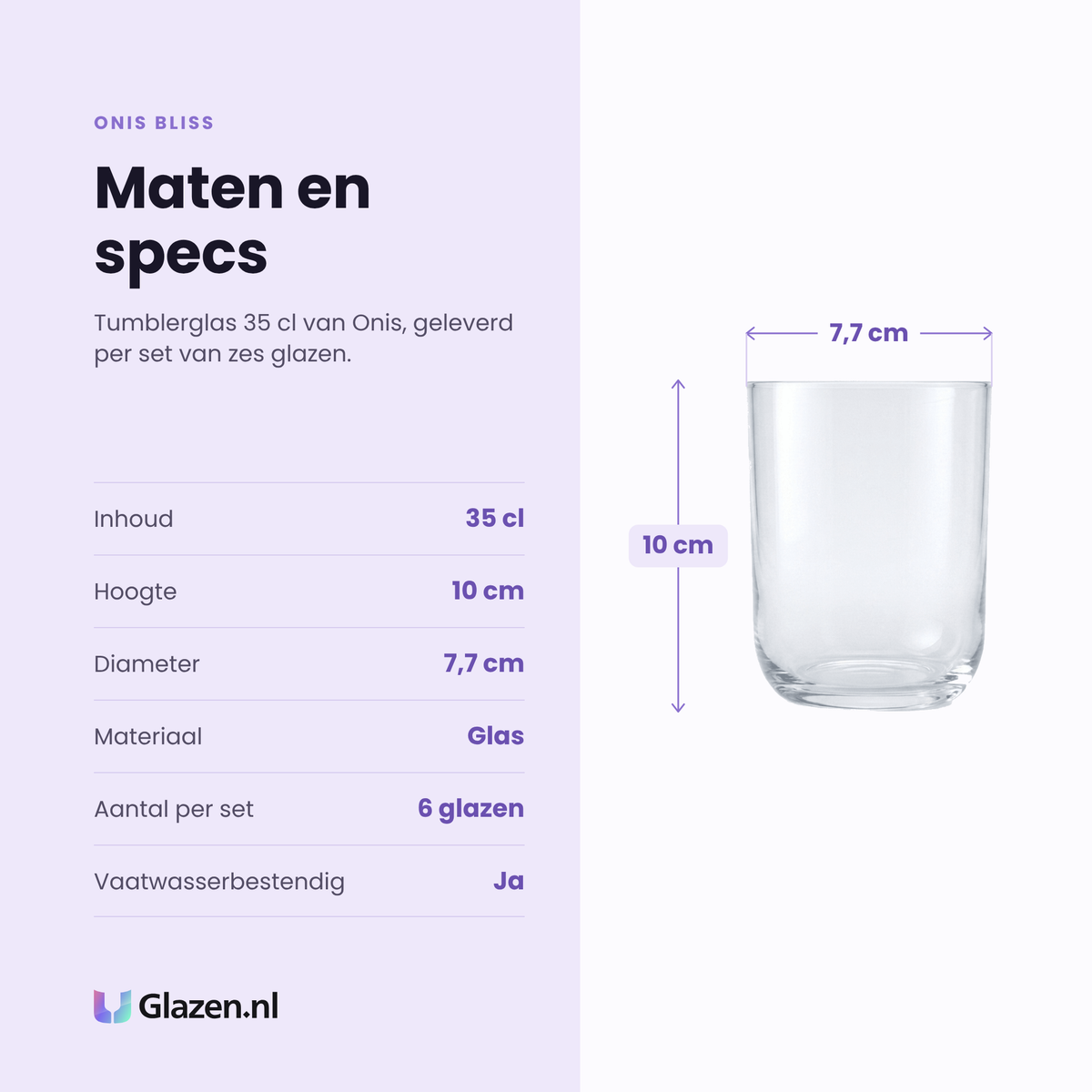 Onis Bliss tumbler 35 cl specificaties: inhoud 35 cl, hoogte 10 cm, diameter 7,7 cm, glas, set van 6