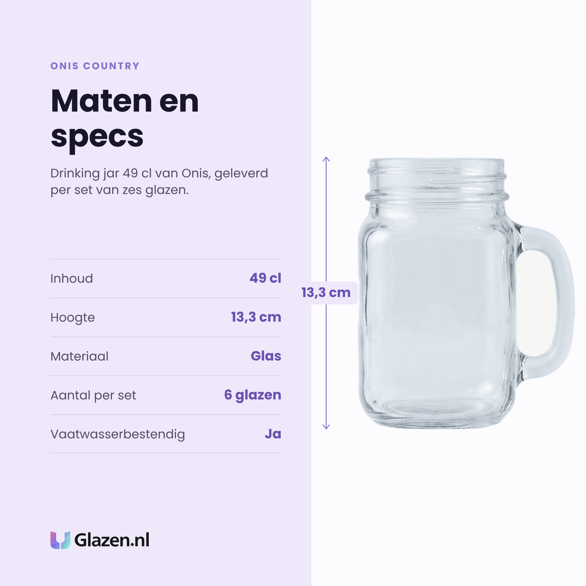 Onis Country drinking jar 49 cl specificaties: inhoud 49 cl, hoogte 13,3 cm, glas, set van 6