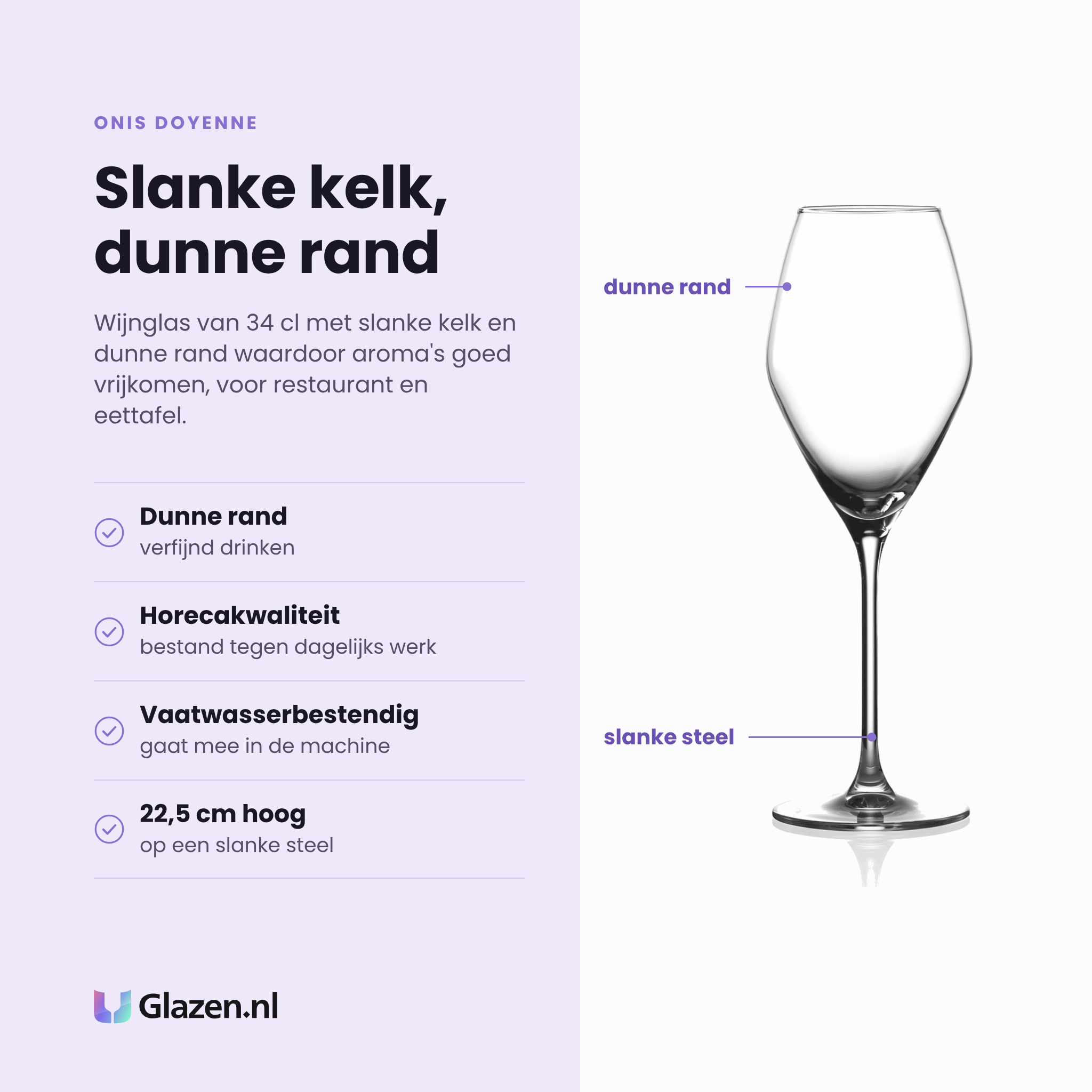 Onis Doyenne wijnglas 34 cl eigenschappen: dunne rand, horecakwaliteit, vaatwasserbestendig, slanke steel