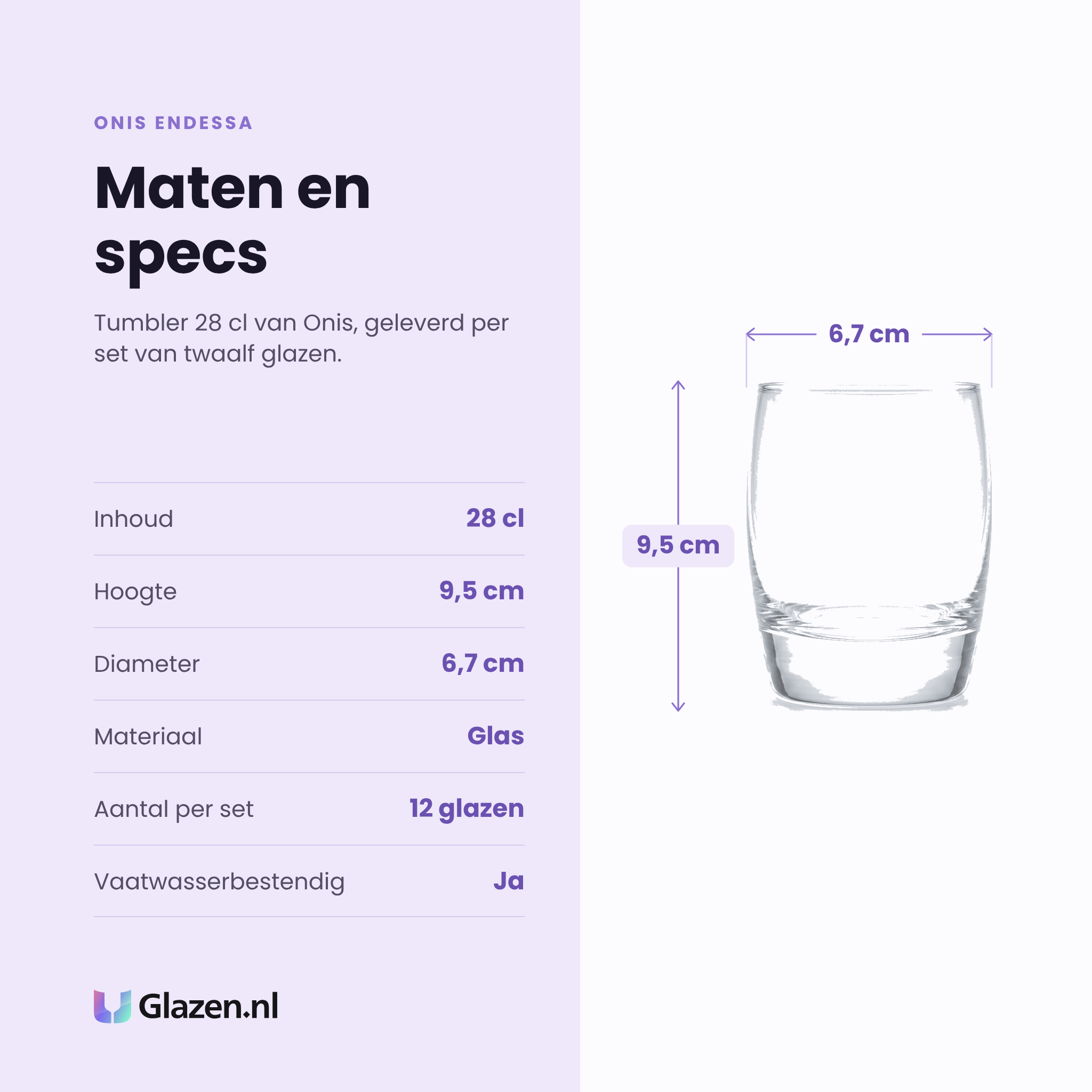 Onis Endessa tumbler 28 cl specificaties: inhoud 28 cl, hoogte 9,5 cm, diameter 6,7 cm, glas, set van 12