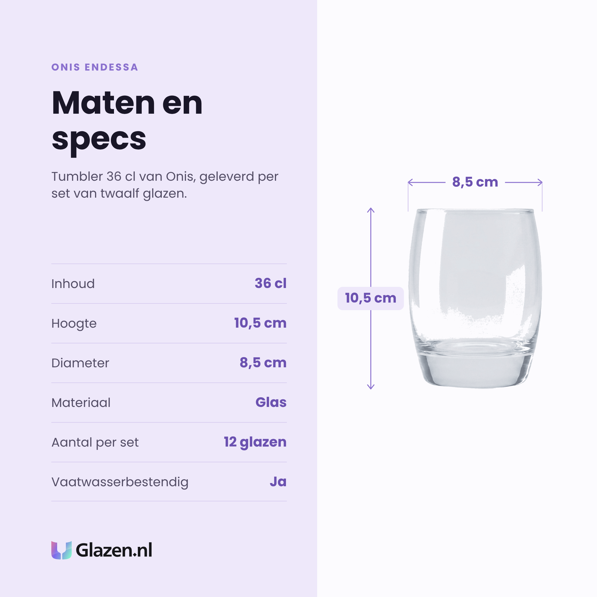 Onis Endessa tumbler 36 cl specificaties: inhoud 36 cl, hoogte 10,5 cm, diameter 8,5 cm, glas, set van 12