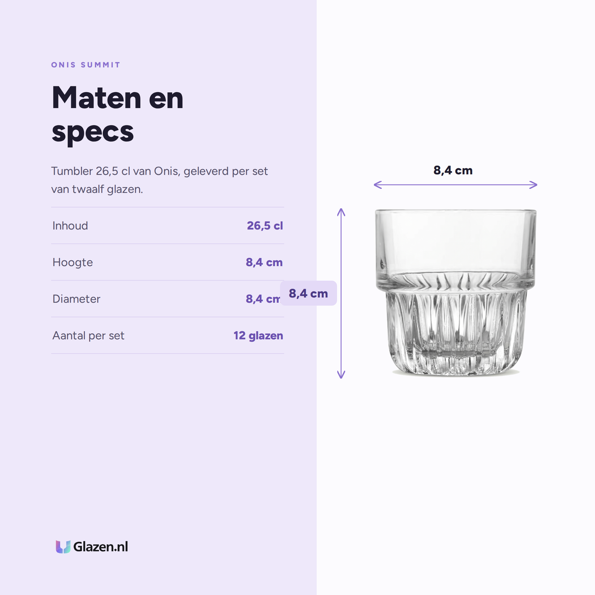 Onis Summit Tumbler 26,5 Cl specificaties: inhoud 26,5 cl, hoogte 8,4 cm, diameter 8,4 cm, aantal per set 12 glazen