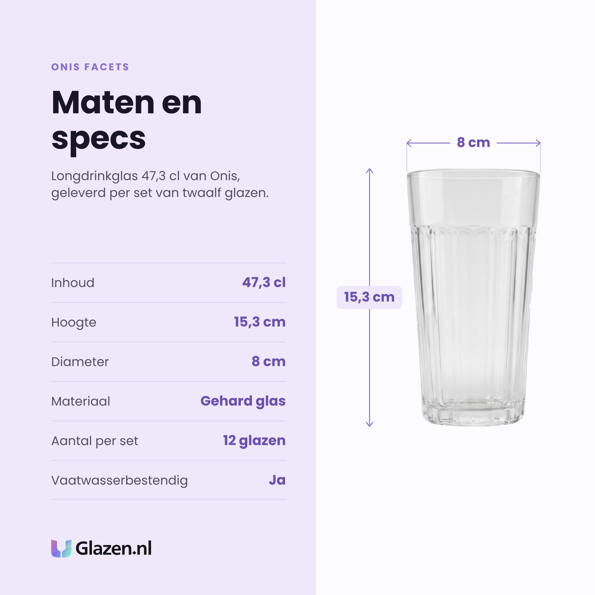 Onis Facets longdrinkglas 47,3 cl specificaties: inhoud 47,3 cl, hoogte 15,3 cm, diameter 8 cm, gehard glas, set van 12