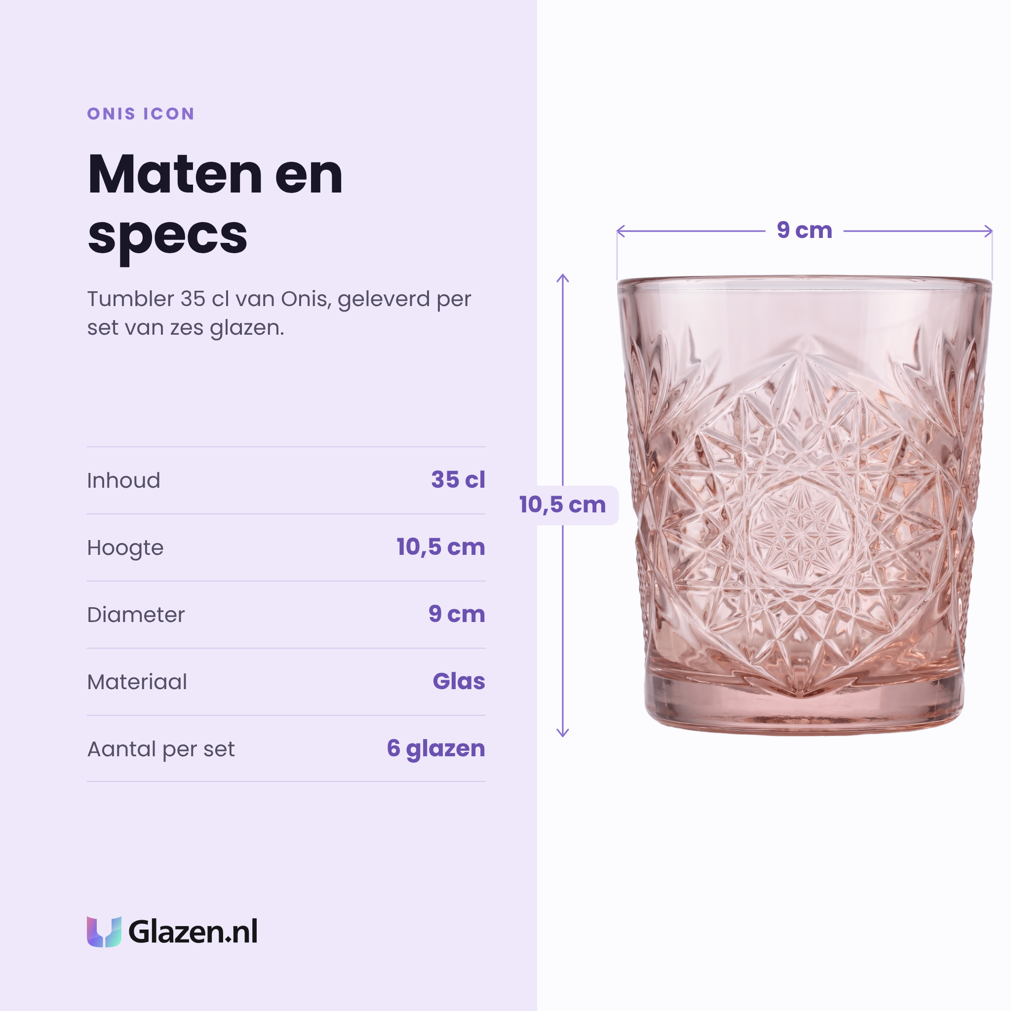Onis Icon tumbler 35 cl framboosroze specificaties: inhoud 35 cl, hoogte 10,5 cm, diameter 9 cm, glas, set van 6