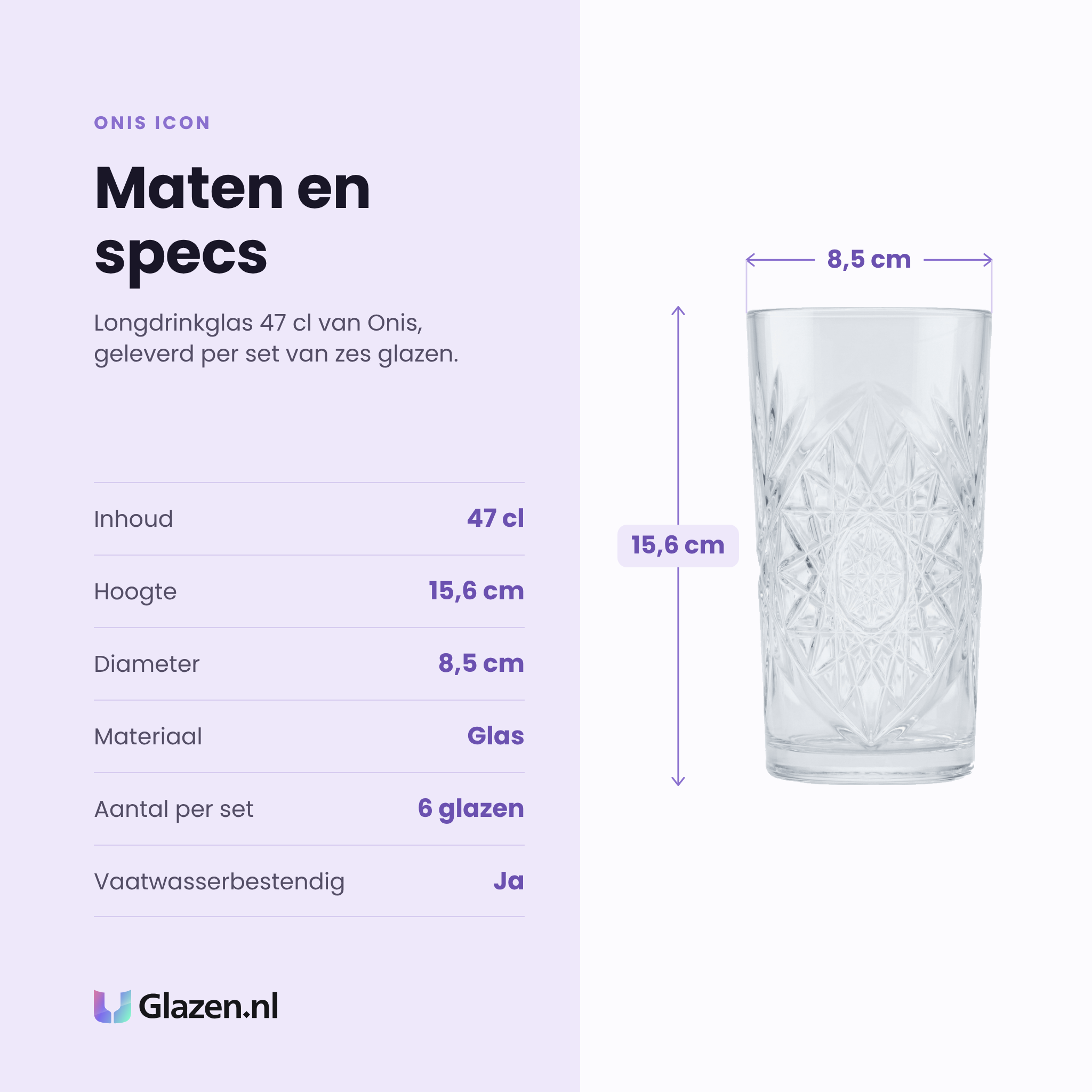 Onis Icon longdrinkglas 47 cl specificaties: inhoud 47 cl, hoogte 15,6 cm, diameter 8,5 cm, glas, set van 6