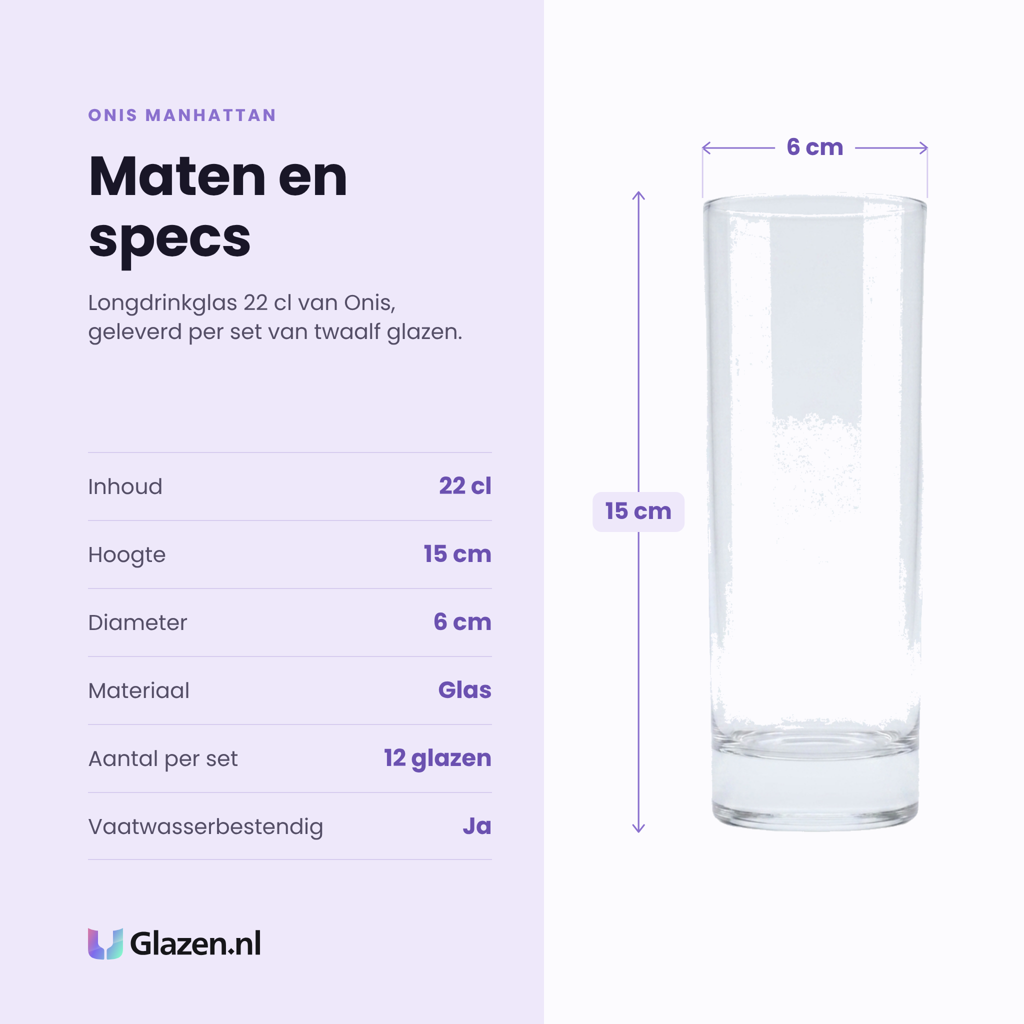 Onis Manhattan longdrinkglas 22 cl hoog specificaties: inhoud 22 cl, hoogte 15 cm, diameter 6 cm, glas, set van 12