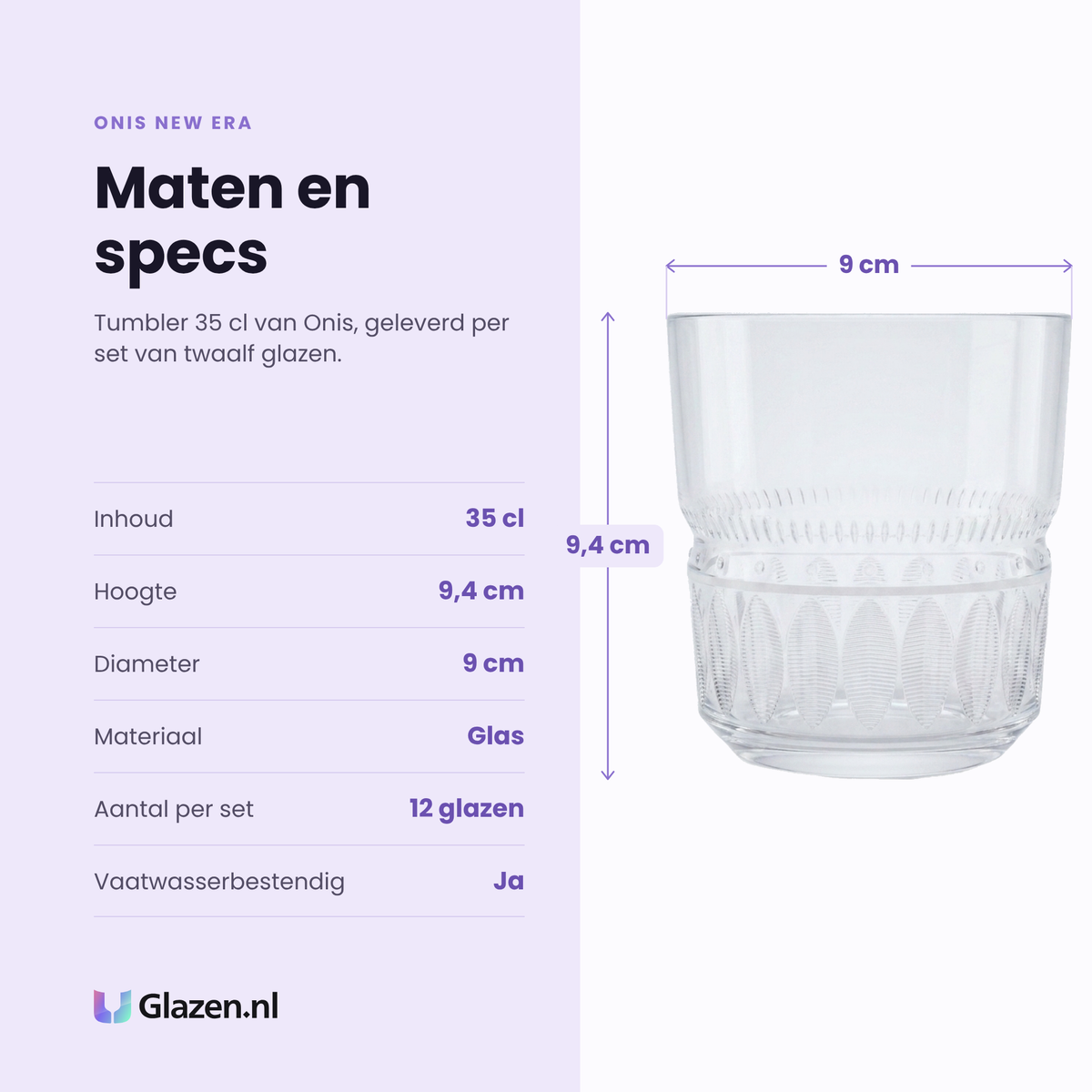 Onis New Era tumbler 35 cl specificaties: inhoud 35 cl, hoogte 9,4 cm, diameter 9 cm, glas, set van 12