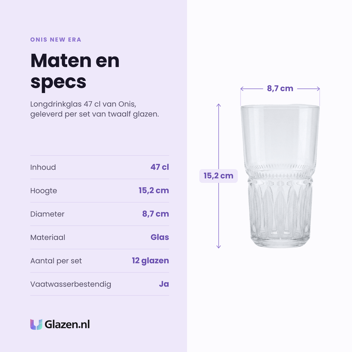 Onis New Era longdrinkglas 47 cl specificaties: inhoud 47 cl, hoogte 15,2 cm, diameter 8,7 cm, glas, set van 12