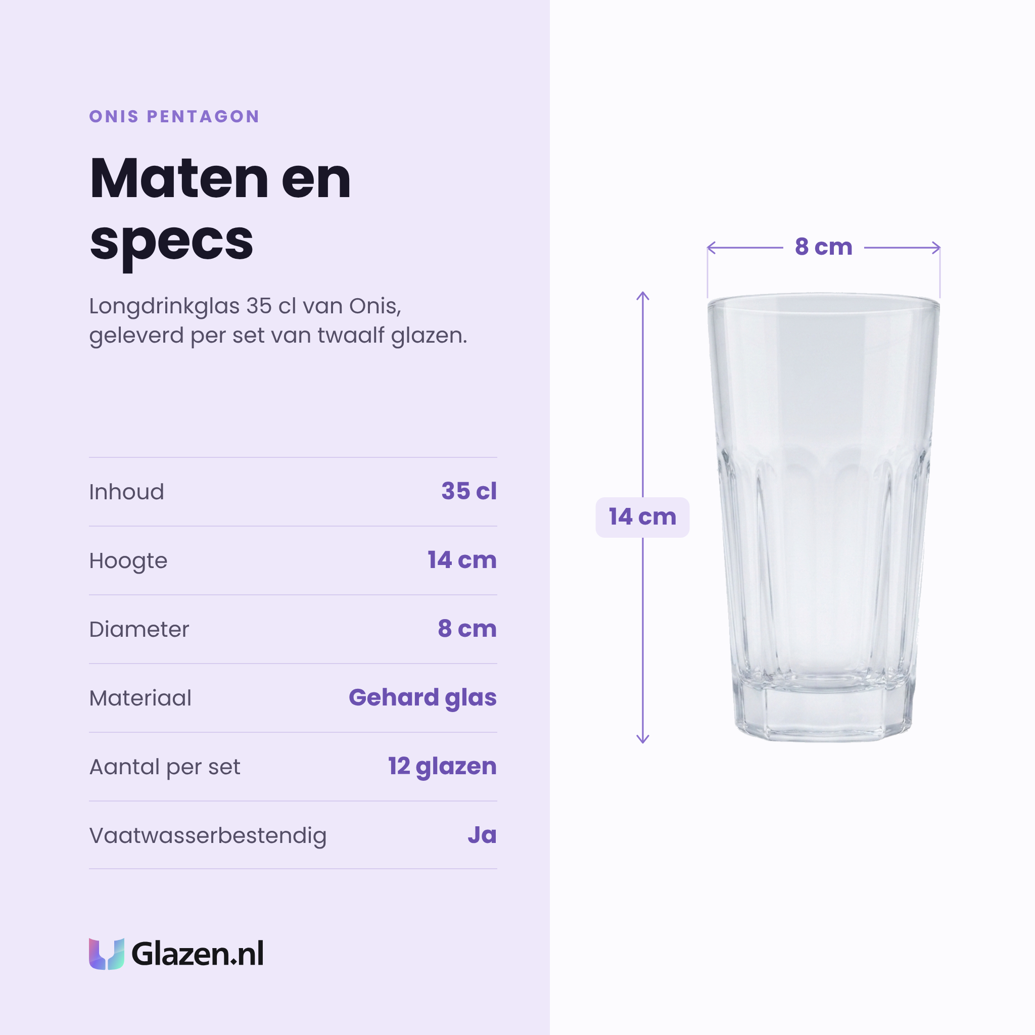 Onis Pentagon longdrinkglas 35 cl specificaties: inhoud 35 cl, hoogte 14 cm, diameter 8 cm, gehard glas, set van 12