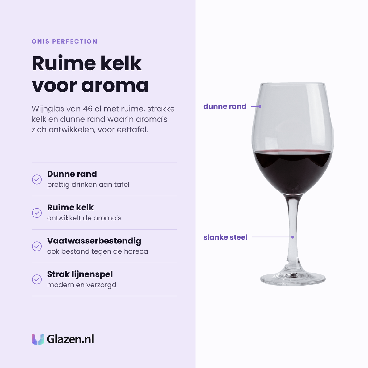 Onis Perfection wijnglas 46 cl eigenschappen: dunne rand, ruime kelk, vaatwasserbestendig, strak lijnenspel
