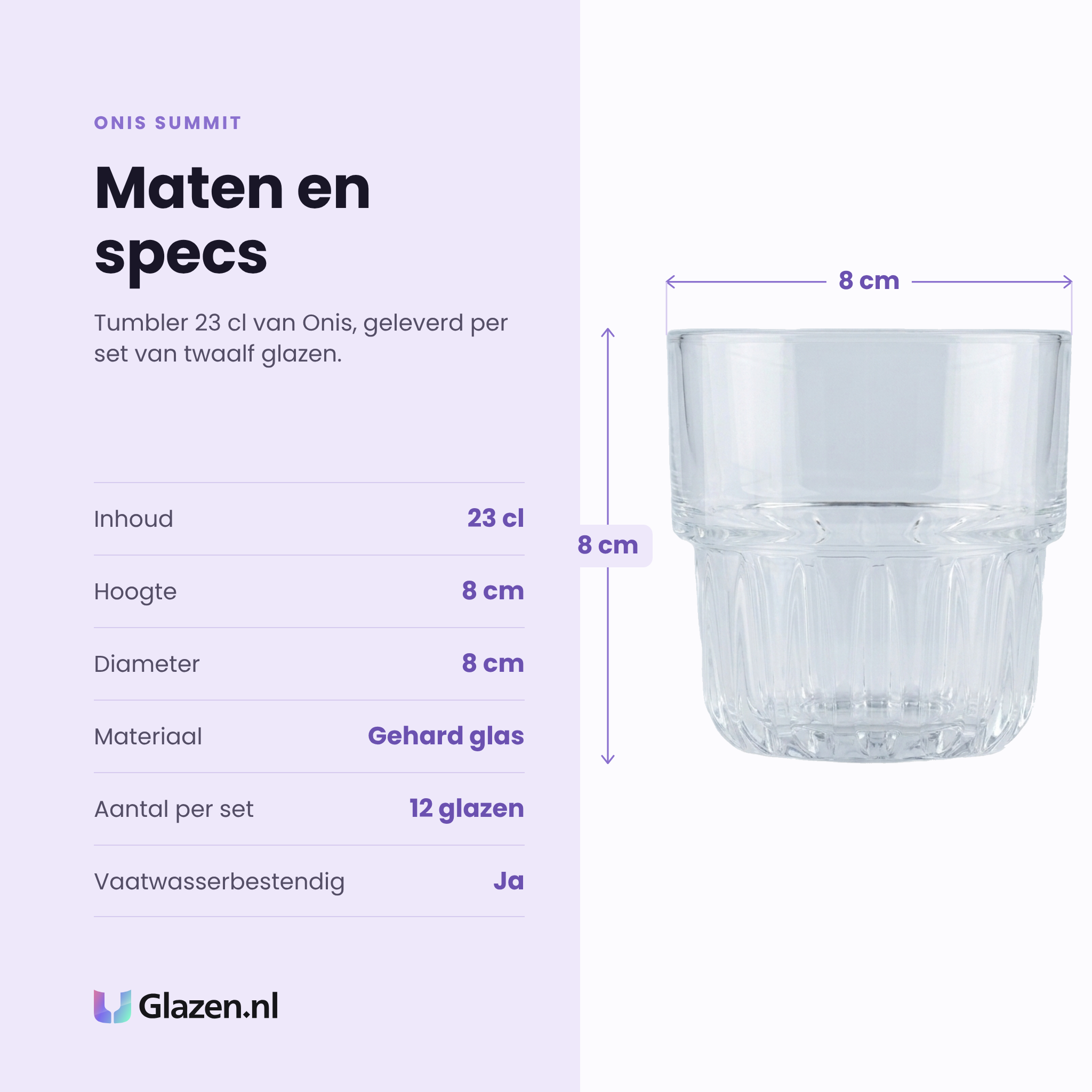 Onis Summit tumbler 23 cl specificaties: inhoud 23 cl, hoogte 8 cm, diameter 8 cm, gehard glas, set van 12
