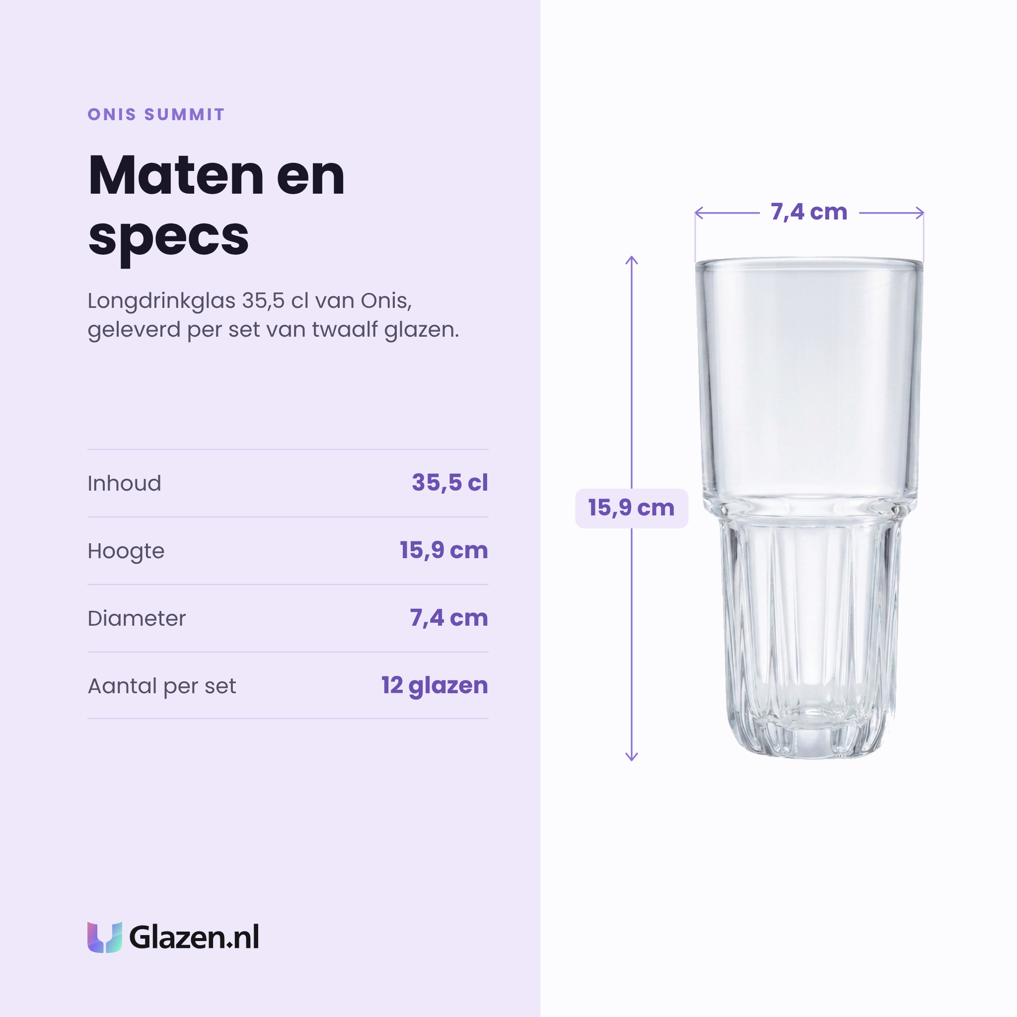 Onis Summit longdrinkglas 35,5 cl specificaties: inhoud 35,5 cl, hoogte 15,9 cm, diameter 7,4 cm, set van 12