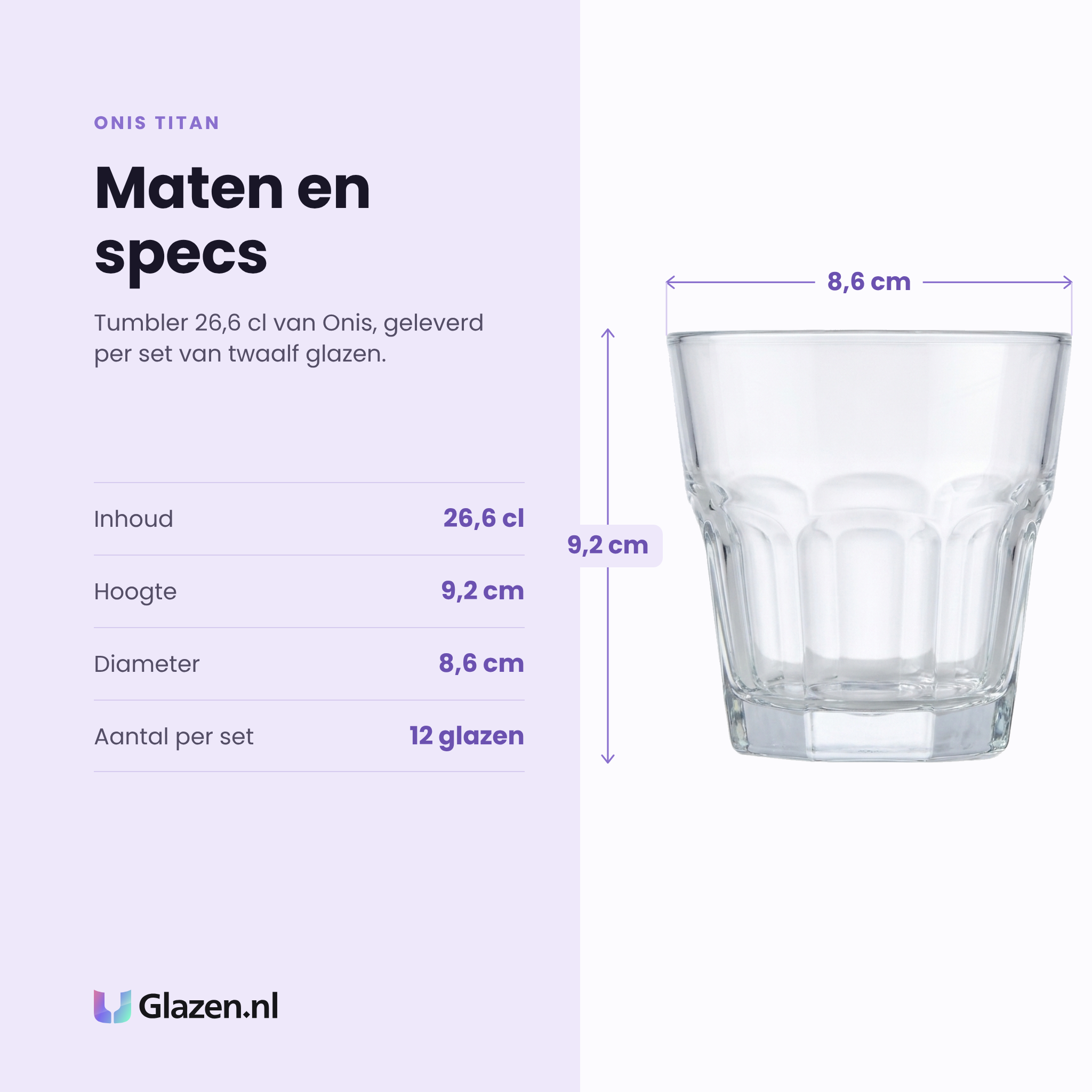 Onis Titan tumbler 26,6 cl specificaties: inhoud 26,6 cl, hoogte 9,2 cm, diameter 8,6 cm, set van 12