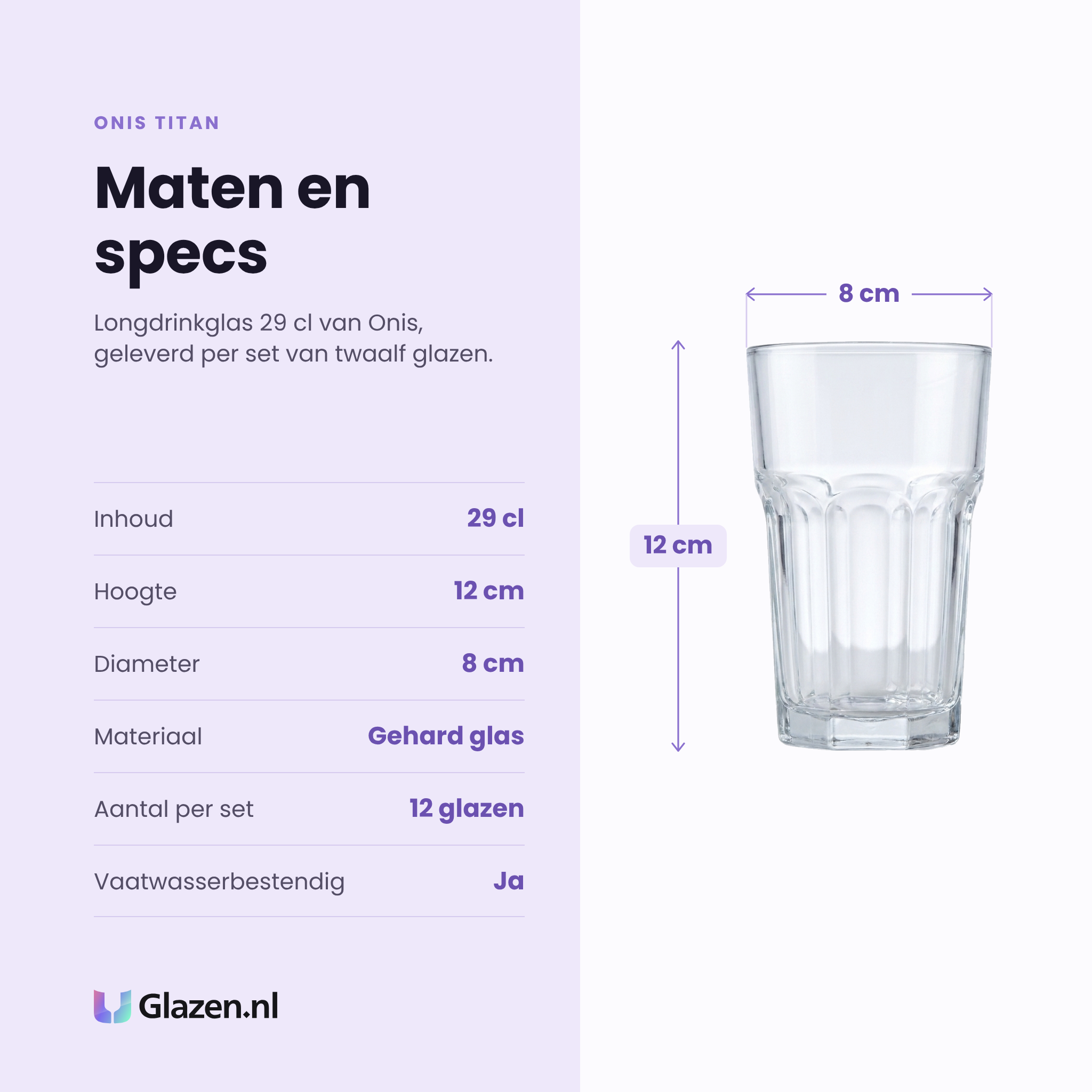 Onis Titan longdrinkglas 29 cl specificaties: inhoud 29 cl, hoogte 12 cm, diameter 8 cm, gehard glas, set van 12