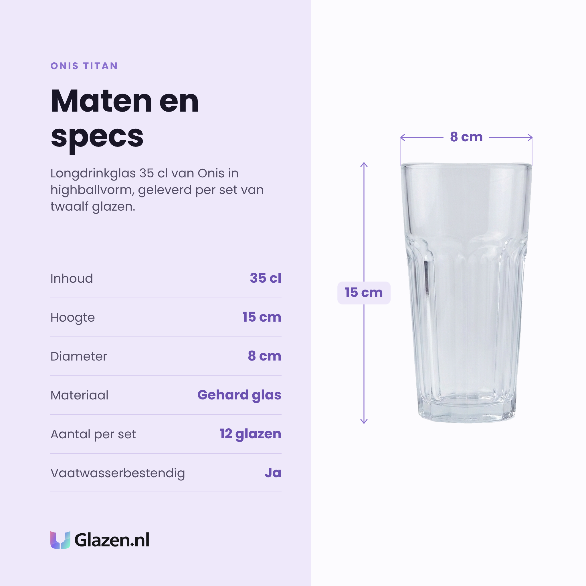 Onis Titan longdrinkglas 35 cl highball specificaties: inhoud 35 cl, hoogte 15 cm, diameter 8 cm, gehard glas, set van 12