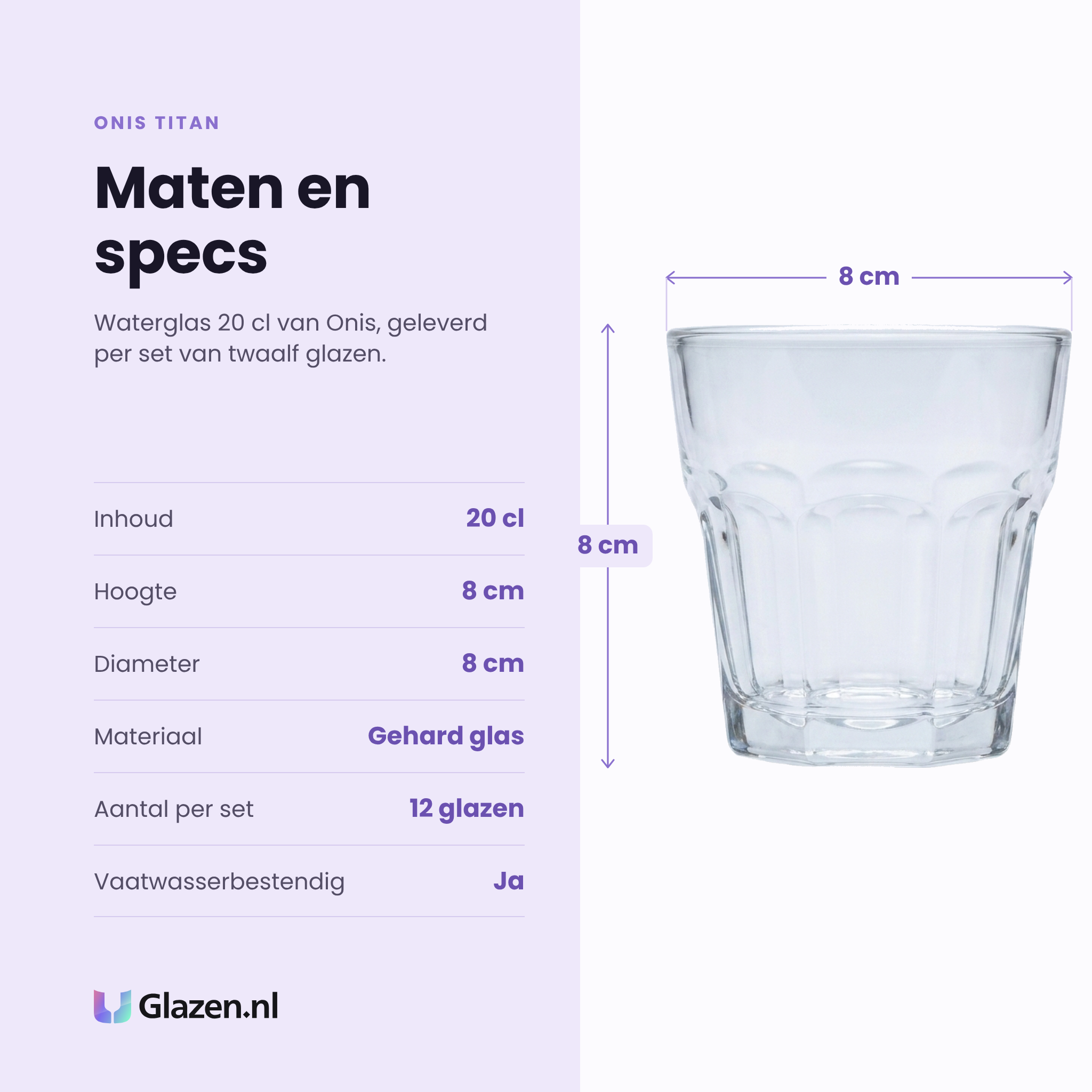Onis Titan waterglas 20 cl specificaties: inhoud 20 cl, hoogte 8 cm, diameter 8 cm, gehard glas, set van 12