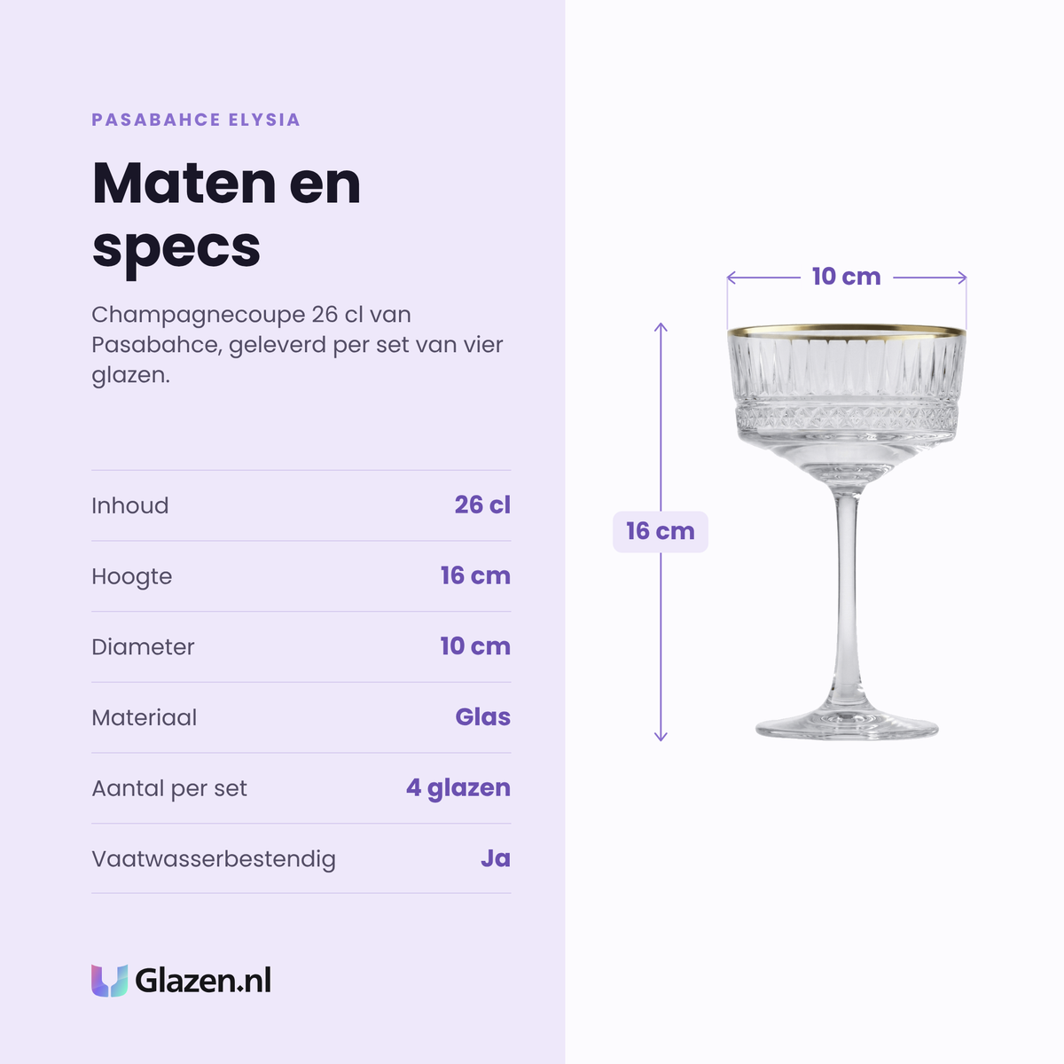 Pasabahce Elysia champagnecoupe 26 cl specificaties: inhoud 26 cl, hoogte 16 cm, diameter 10 cm, glas, set van 4