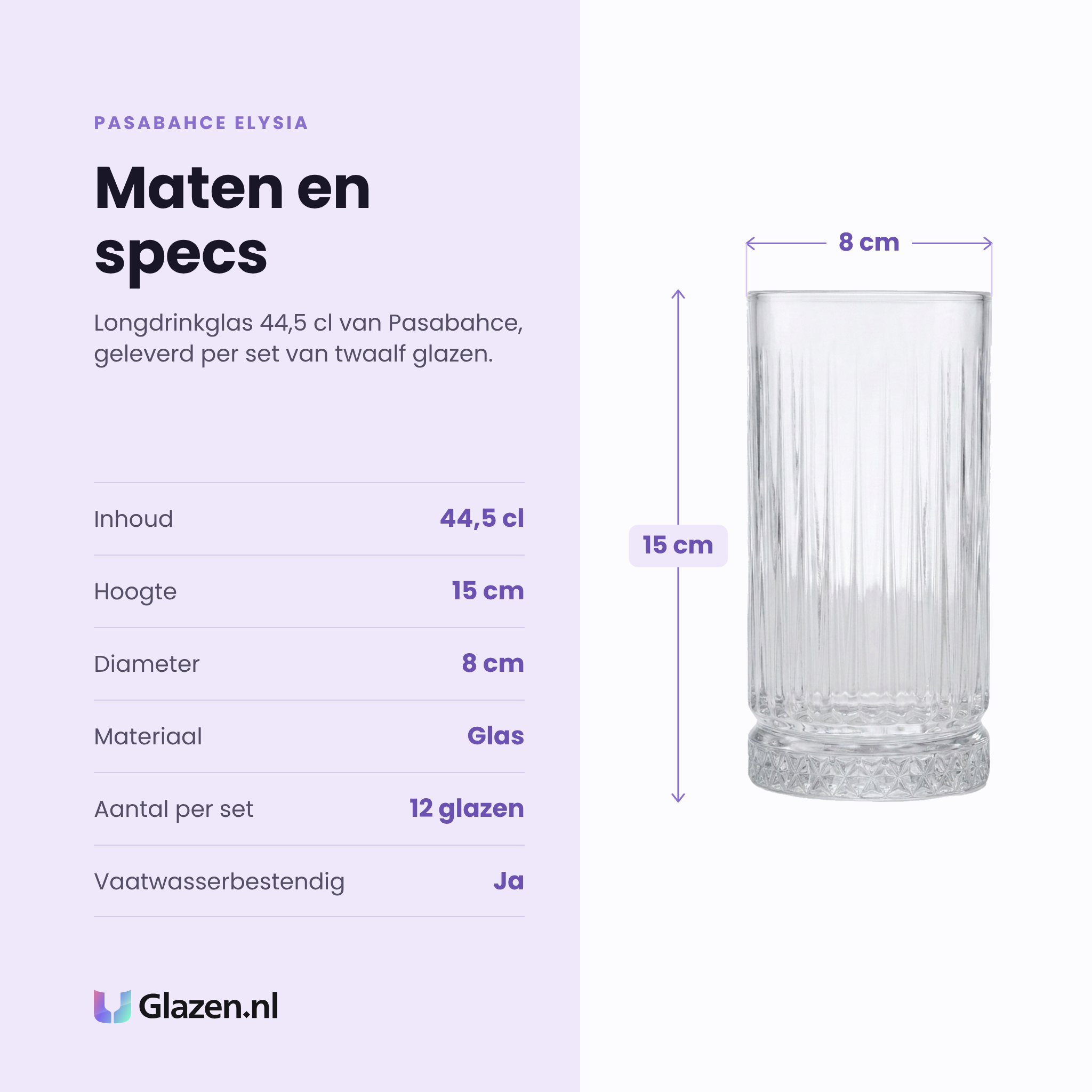 Pasabahce Elysia longdrinkglas 44,5 cl specificaties: inhoud 44,5 cl, hoogte 15 cm, diameter 8 cm, glas, set van 12