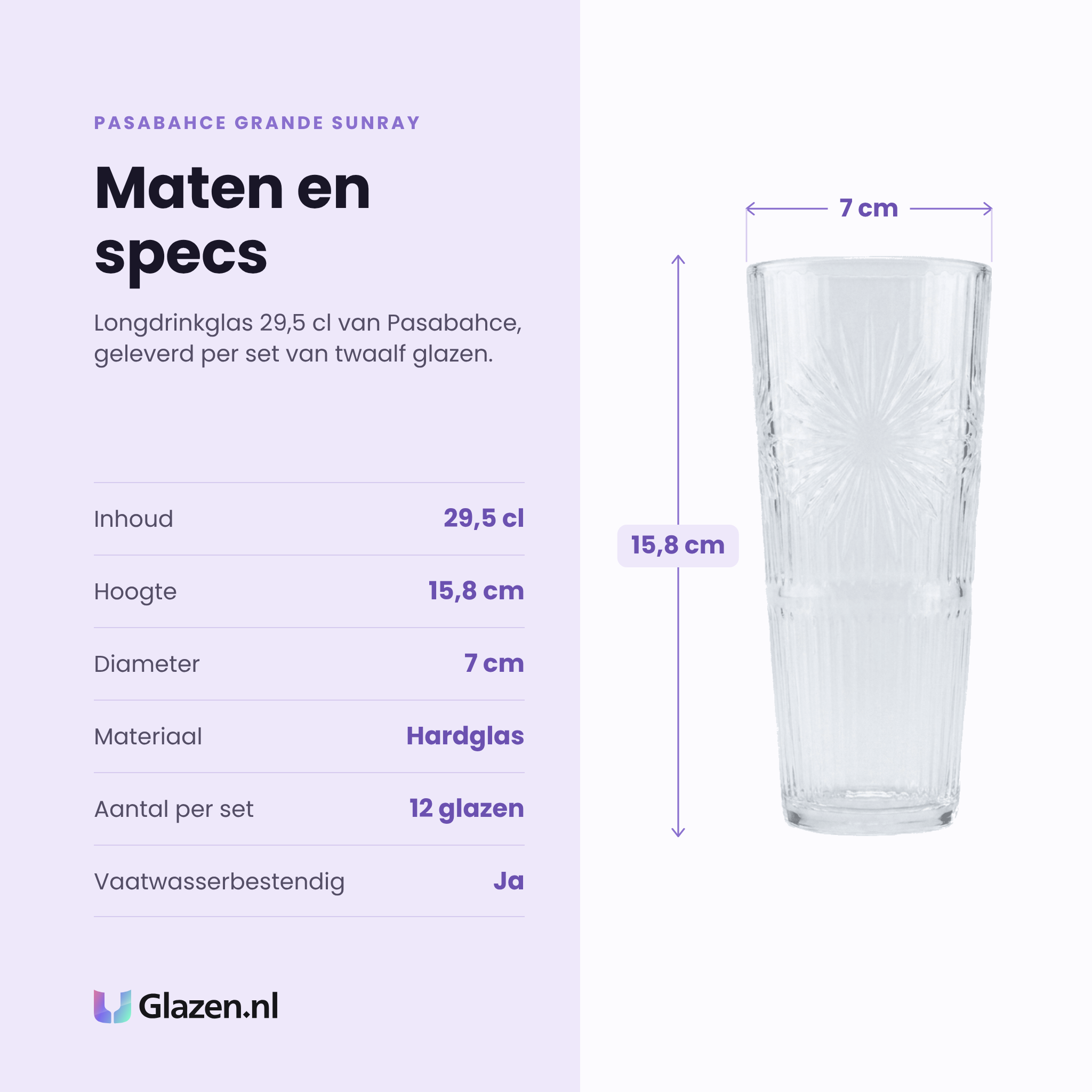 Pasabahce Grande Sunray longdrinkglas 29,5 cl specificaties: inhoud 29,5 cl, hoogte 15,8 cm, diameter 7 cm, hardglas, set van 12
