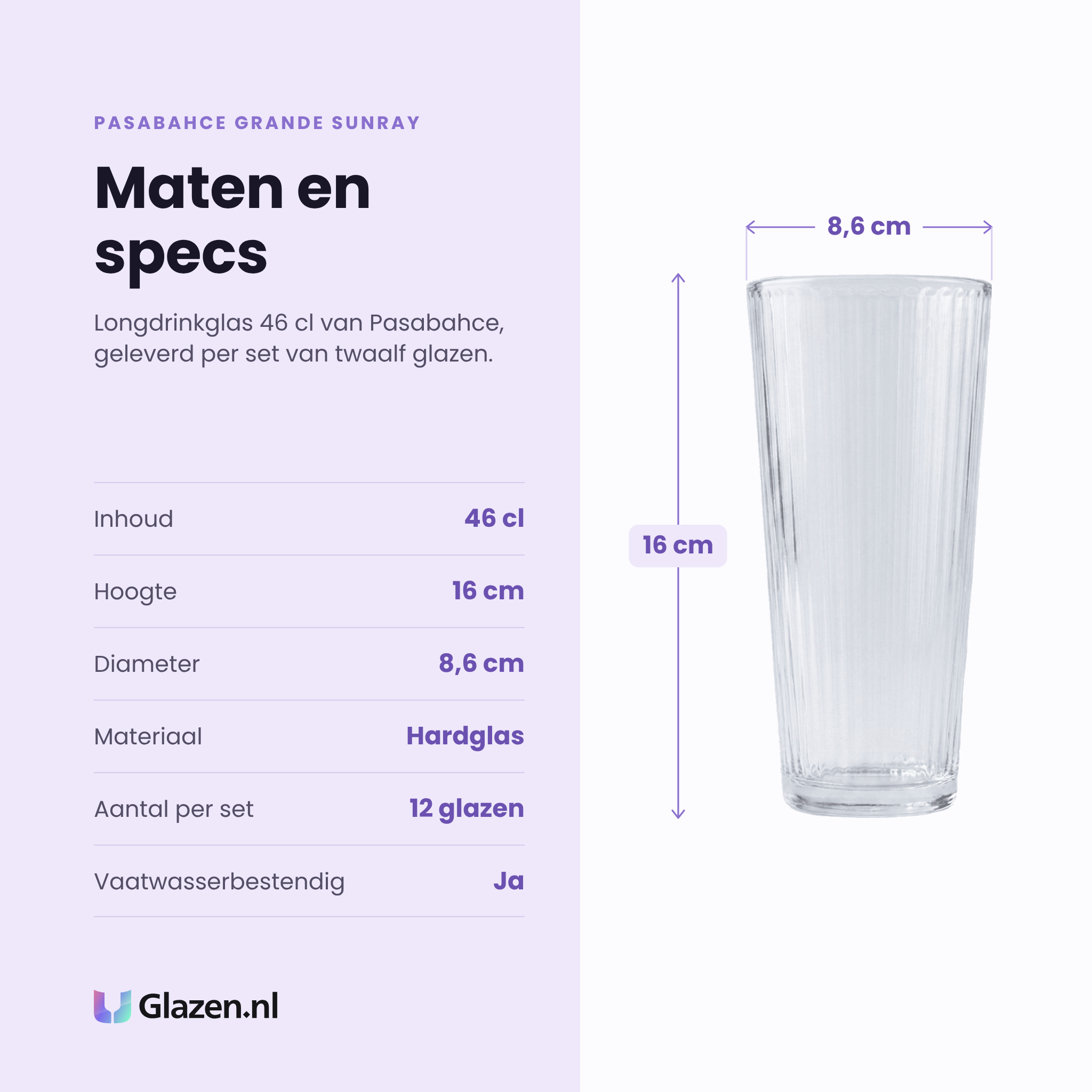 Pasabahce Grande Sunray longdrinkglas 46 cl specificaties: inhoud 46 cl, hoogte 16 cm, diameter 8,6 cm, hardglas, set van 12