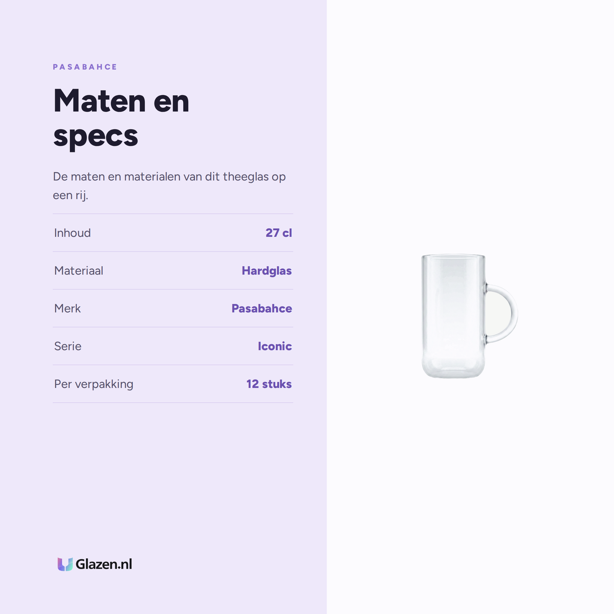 Pasabahce Iconic Theeglas 27 Cl Hardglas - 12 Stuks maten en specs