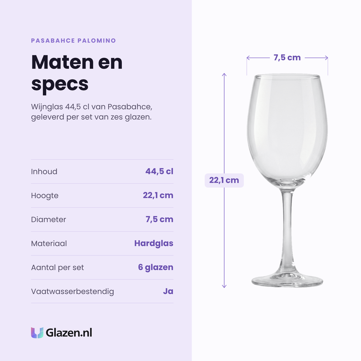 Pasabahce Palomino wijnglas 44,5 cl specificaties: inhoud 44,5 cl, hoogte 22,1 cm, diameter 7,5 cm, hardglas, set van 6