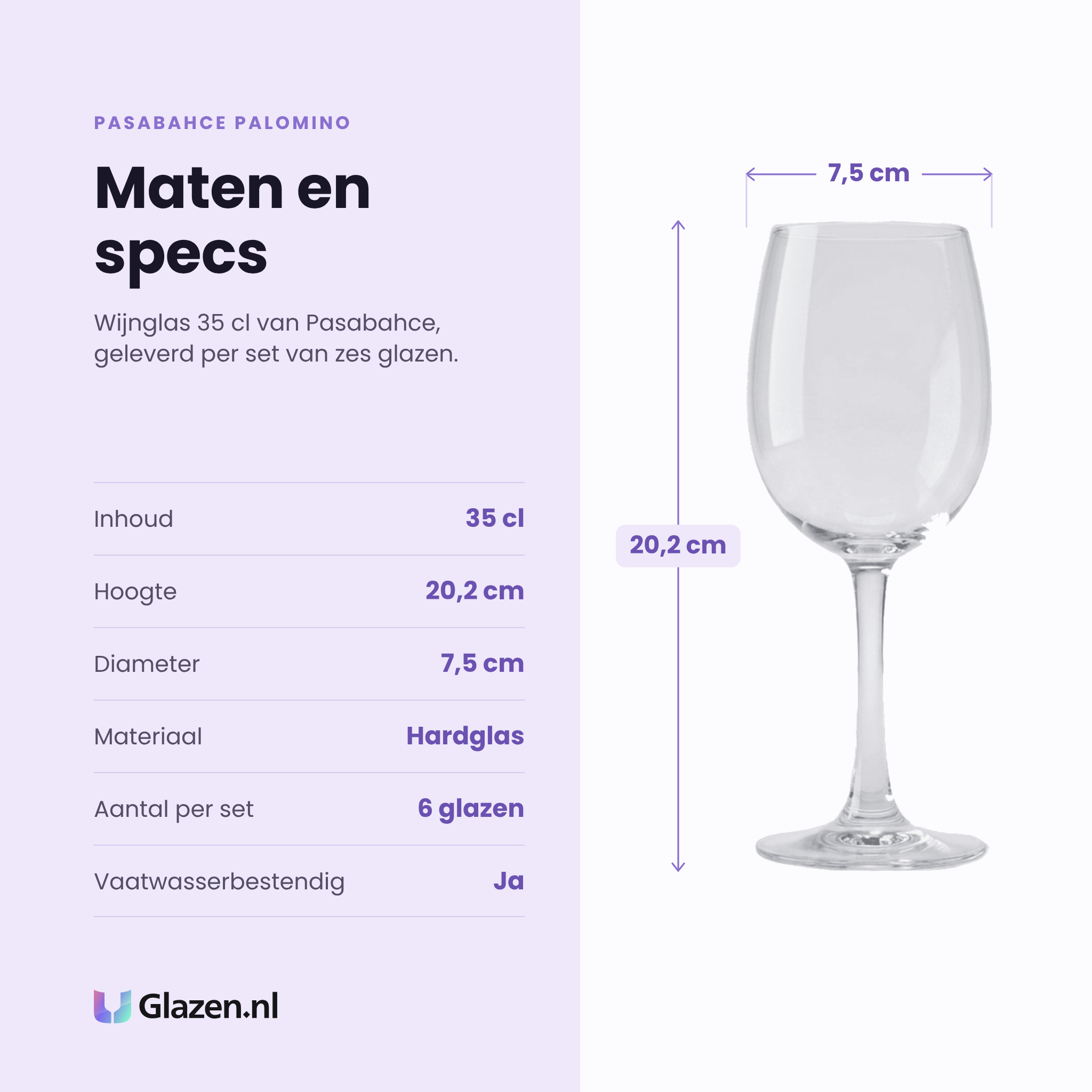 Pasabahce Palomino wijnglas 35 cl specificaties: inhoud 35 cl, hoogte 20,2 cm, diameter 7,5 cm, hardglas, set van 6