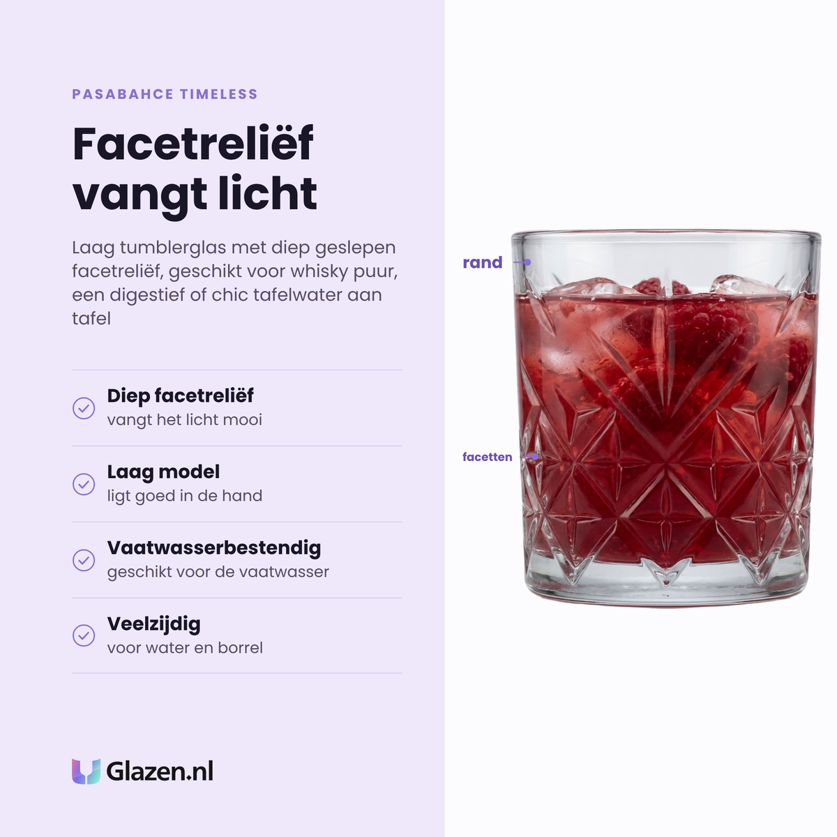 Pasabahce Timeless tumbler 21 cl eigenschappen: diep facetreliëf, laag model, vaatwasserbestendig, veelzijdig voor water en borrel