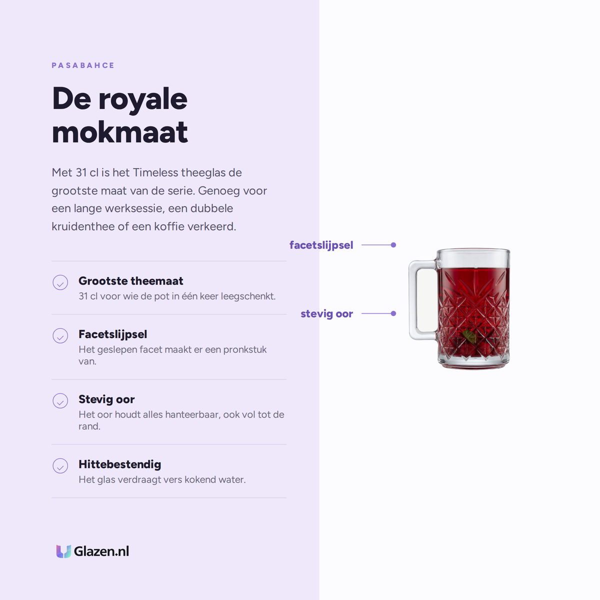 Infographic met de eigenschappen van Pasabahce Timeless Theeglas 31 Cl - 2 Stuks
