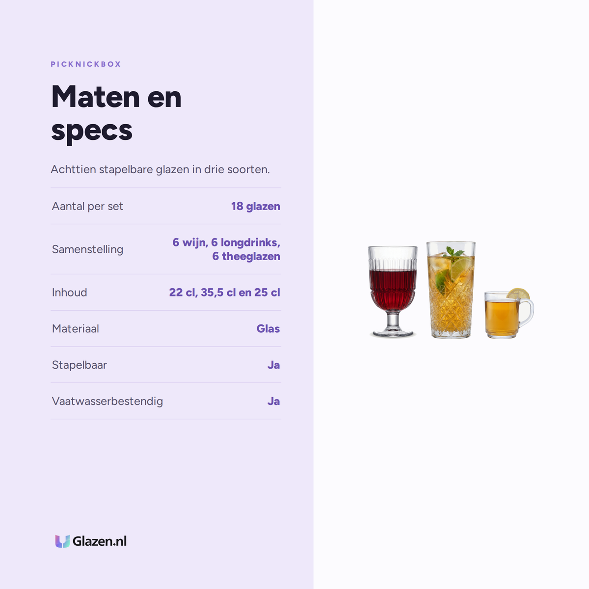 Maten en specs van Picknickbox 18-Delig (Stapelbare Glazen)