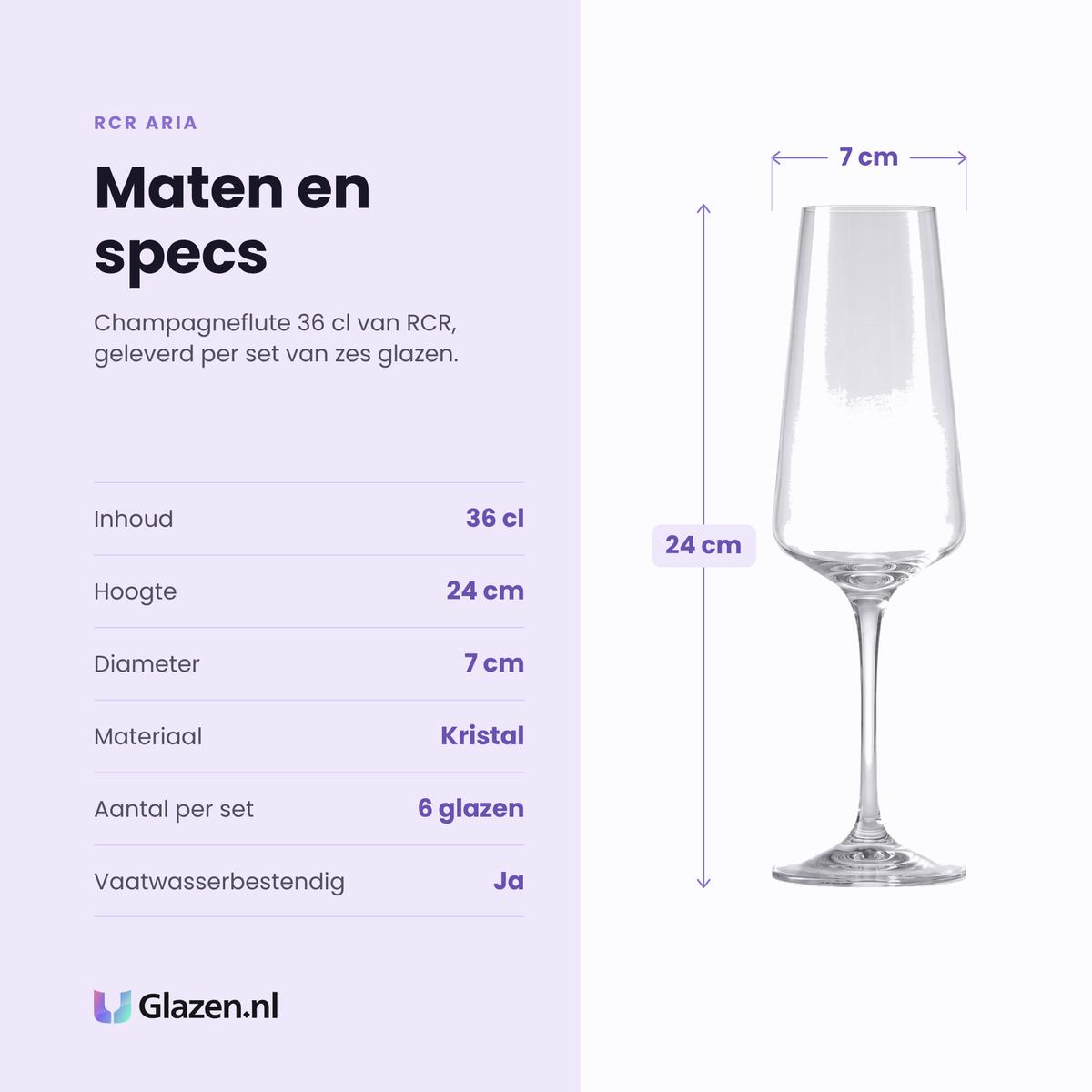 RCR Aria champagneflute 36 cl specificaties: inhoud 36 cl, hoogte 24 cm, diameter 7 cm, kristal, set van 6