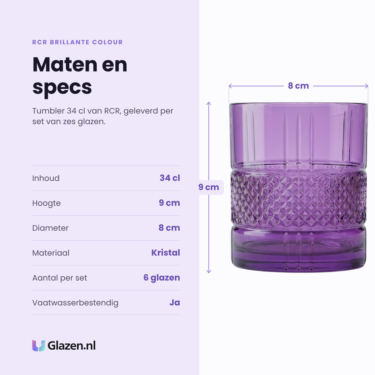 RCR Brillante Colour tumbler 34 cl specificaties: inhoud 34 cl, hoogte 9 cm, diameter 8 cm, kristal, set van 6