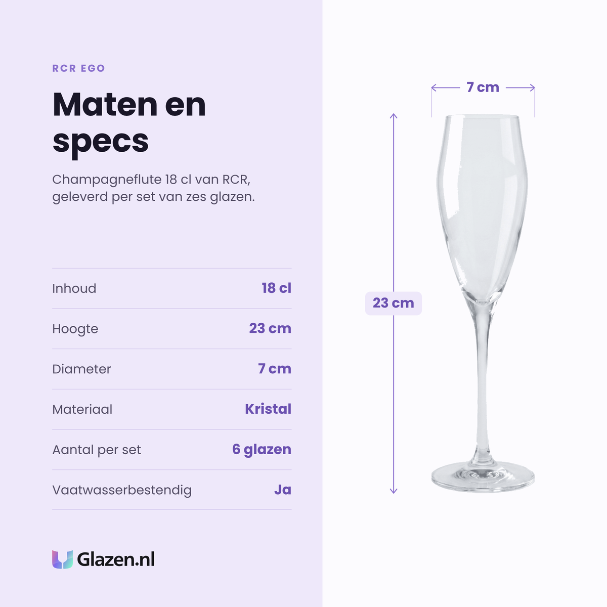RCR Ego champagneflute 18 cl specificaties: inhoud 18 cl, hoogte 23 cm, diameter 7 cm, kristal, set van 6