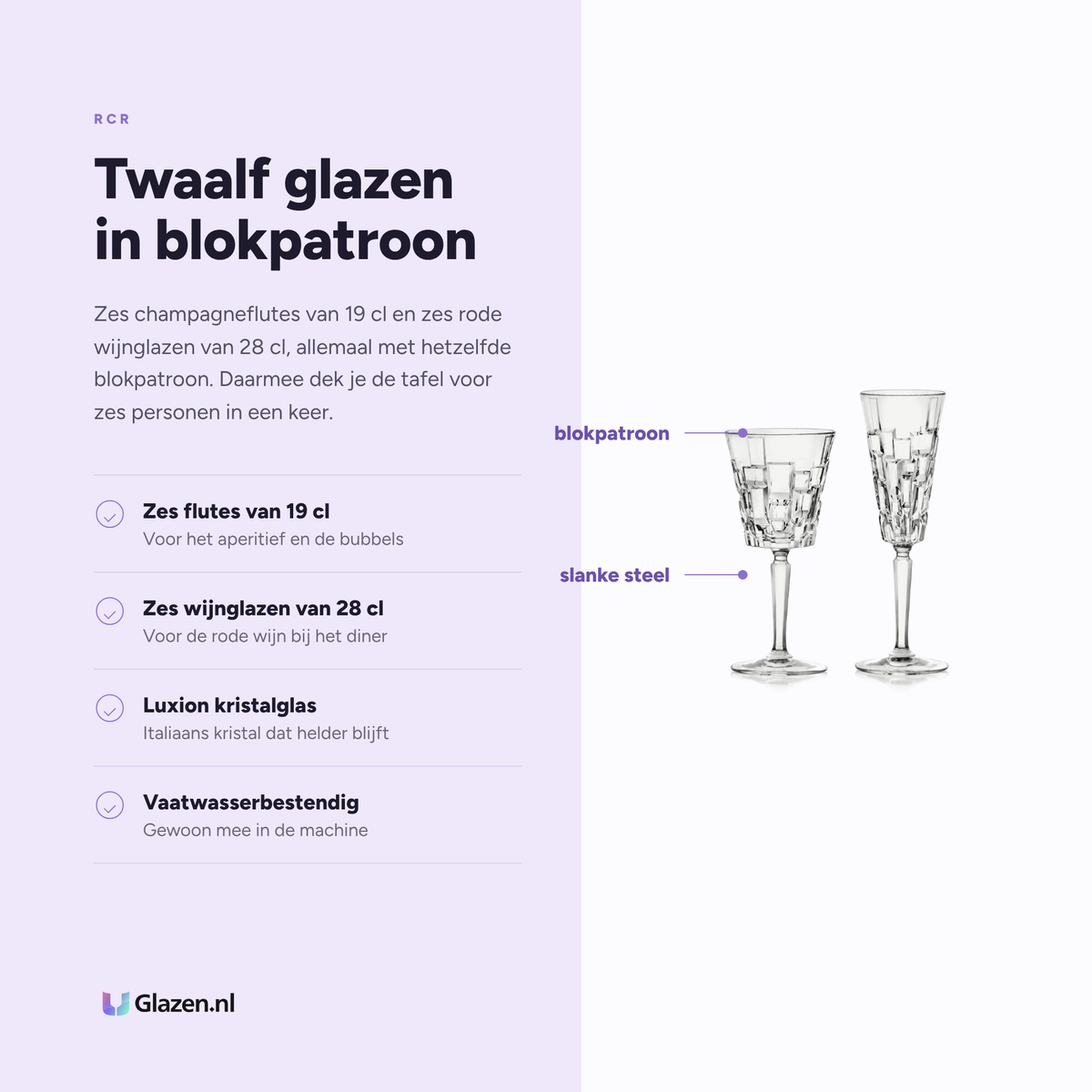 Eigenschappen van de RCR Etna glazenset met zes champagneflutes van 19 cl en zes wijnglazen van 28 cl