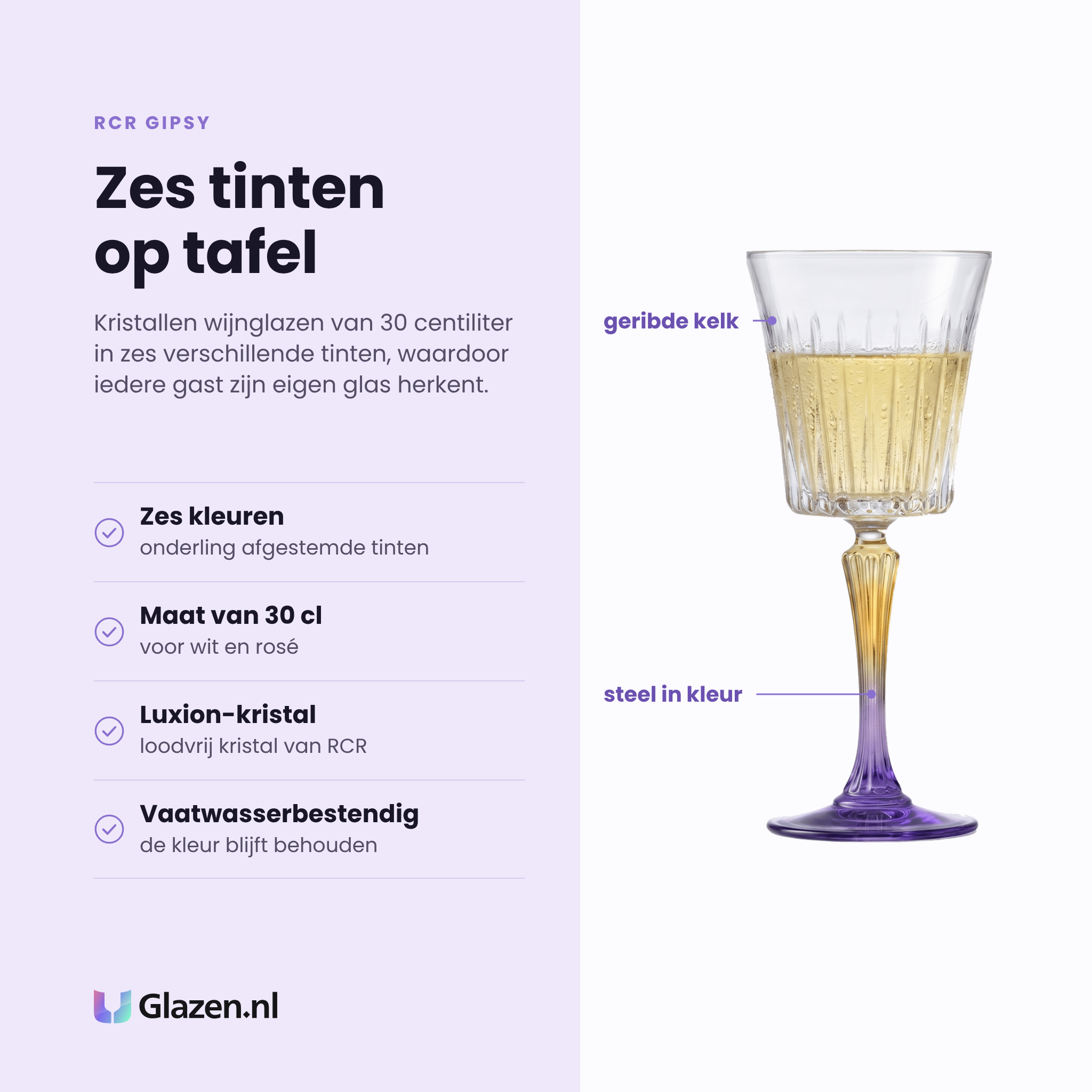 RCR Gipsy wijnglas 30 cl assorti eigenschappen: zes onderling afgestemde kleuren, maat voor wit en rosé, loodvrij Luxion-kristal, vaatwasserbestendig