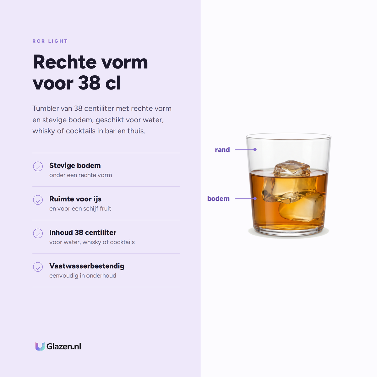 RCR Light Tumbler Dof 38 Cl eigenschappen: stevige bodem, ruimte voor ijs, inhoud 38 centiliter, vaatwasserbestendig