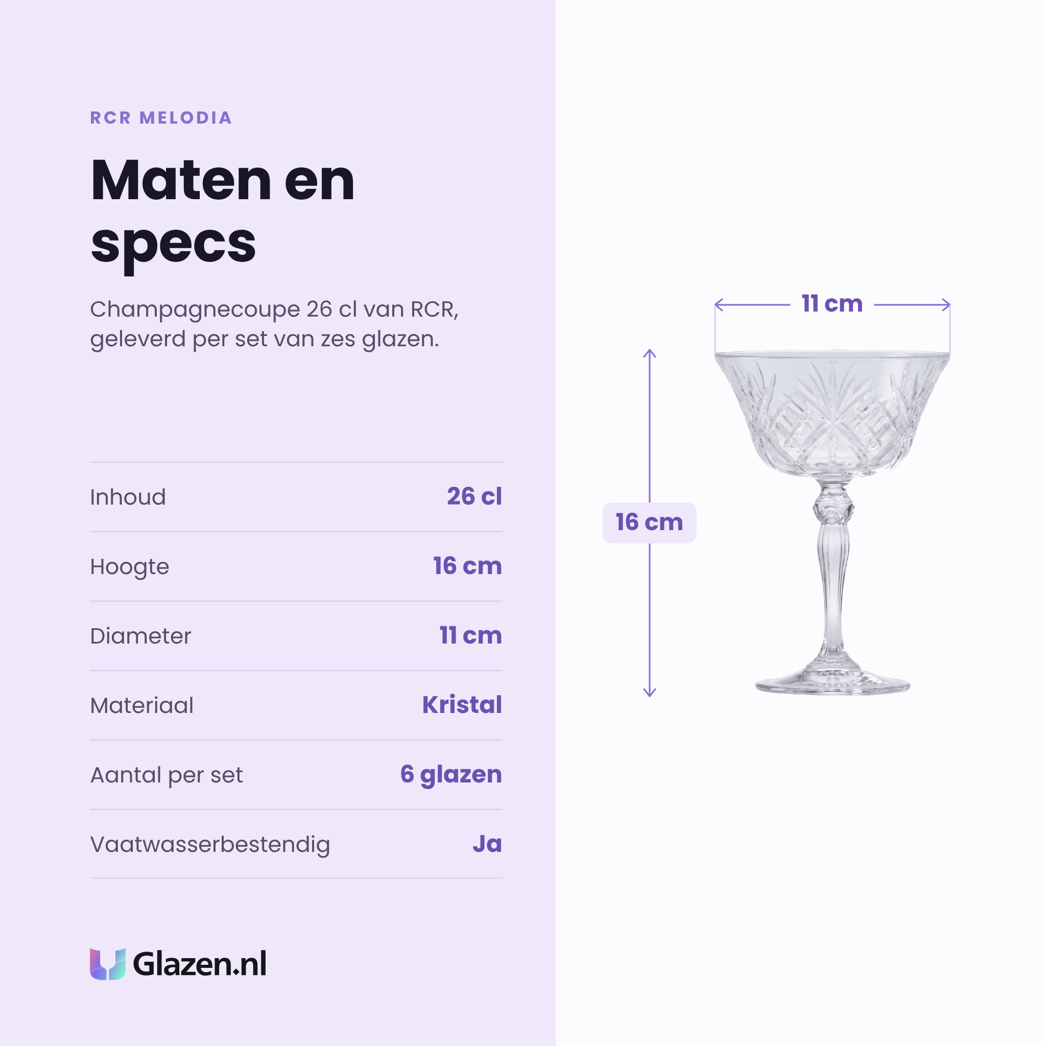 RCR Melodia champagneglas 26 cl specificaties: inhoud 26 cl, hoogte 16 cm, diameter 11 cm, kristal, set van 6