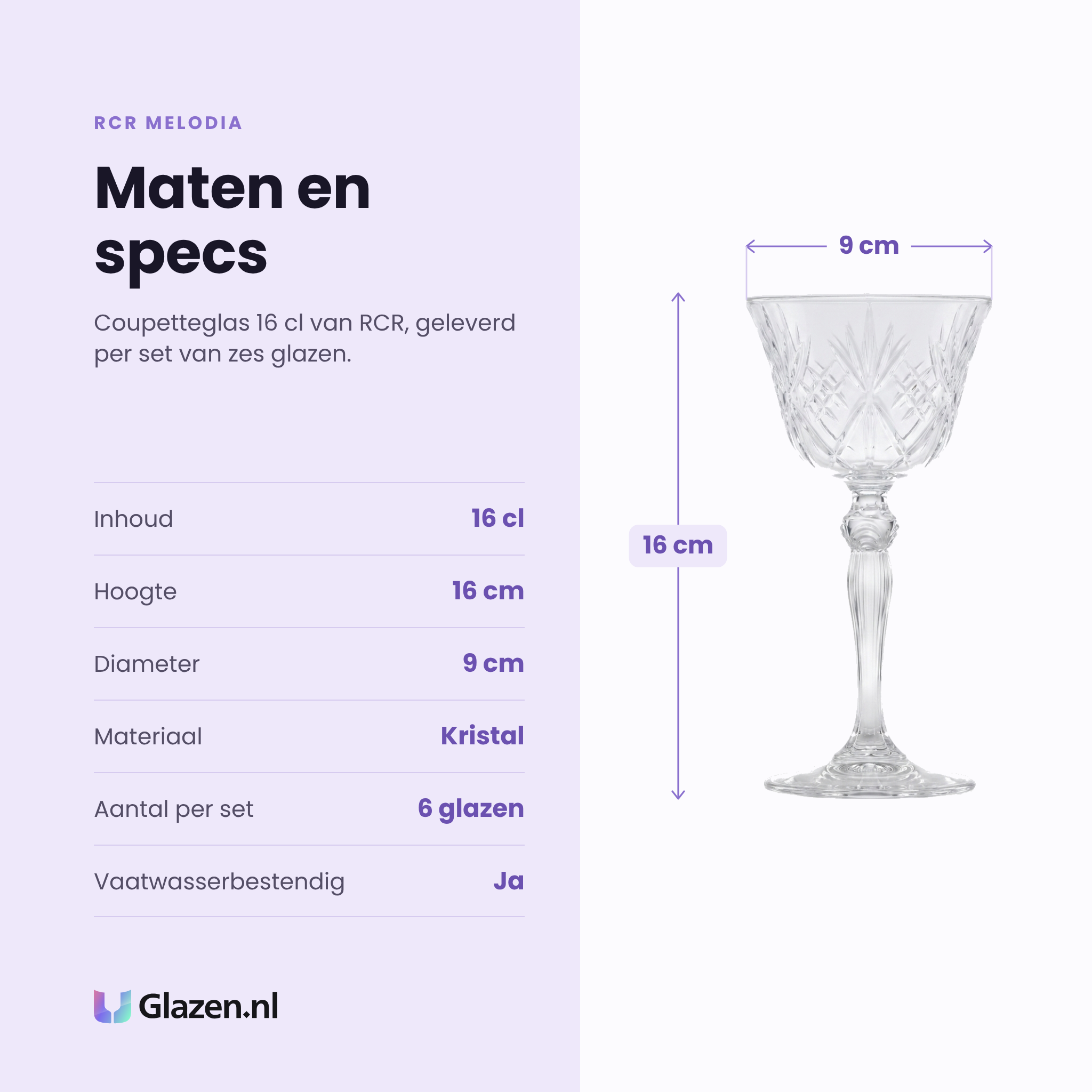 RCR Melodia coupetteglas 16 cl specificaties: inhoud 16 cl, hoogte 16 cm, diameter 9 cm, kristal, set van 6