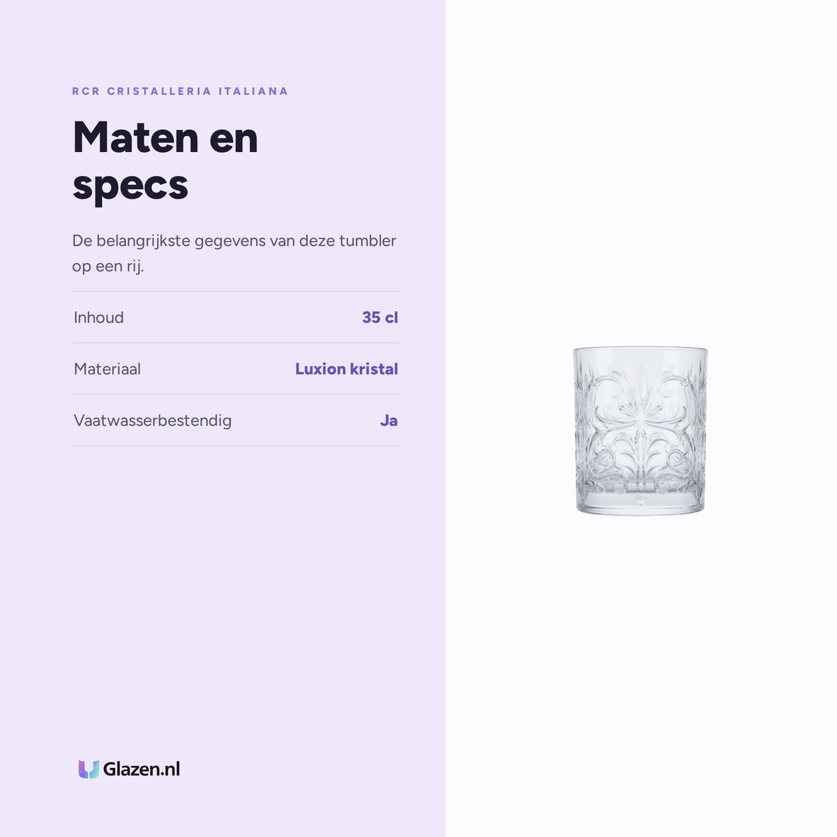 Maten en specs van de RCR Mixology Tumbler 35 Cl Assorti