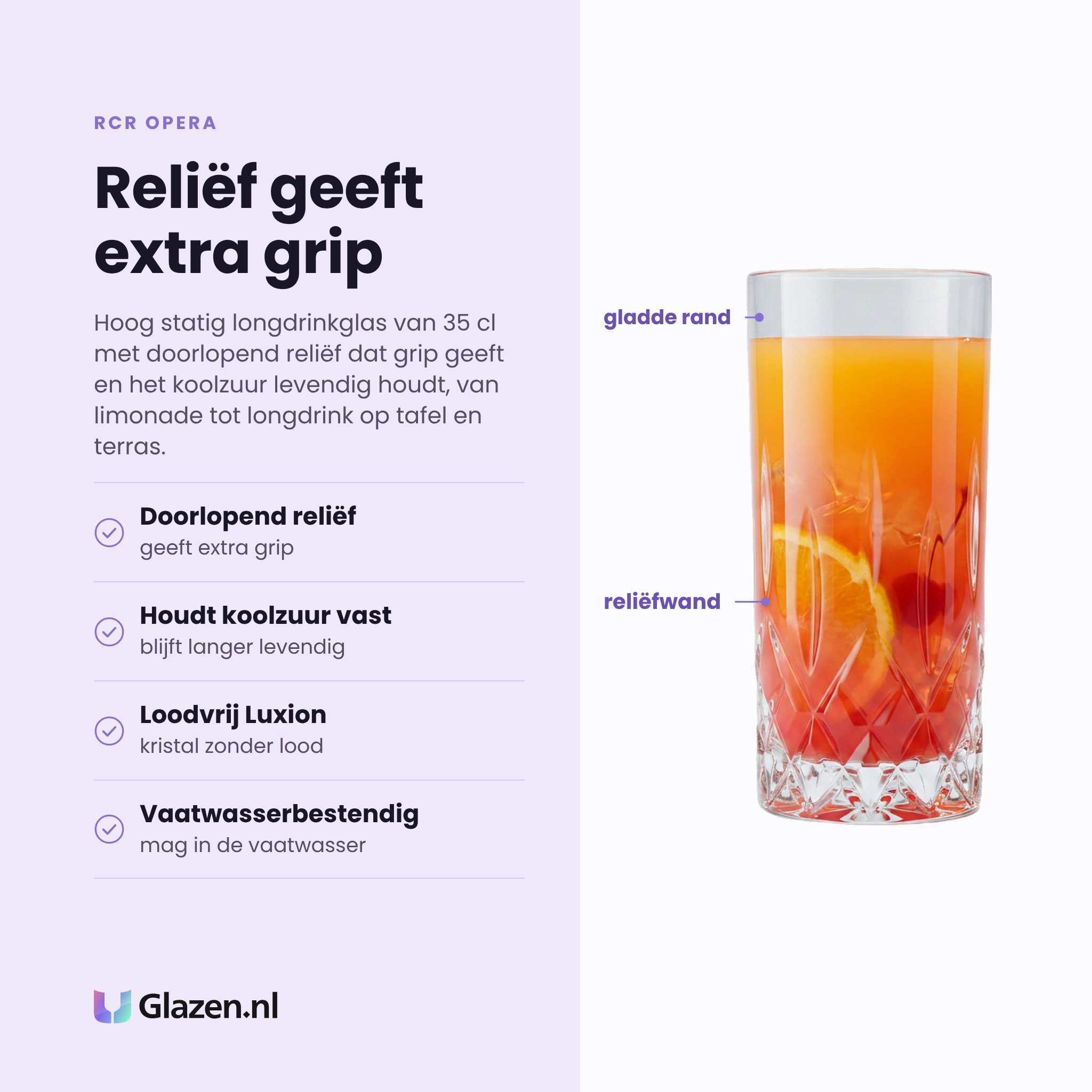 RCR Opera longdrinkglas 35 cl eigenschappen: doorlopend reliëf, geeft extra grip, loodvrij Luxion-kristal, vaatwasserbestendig