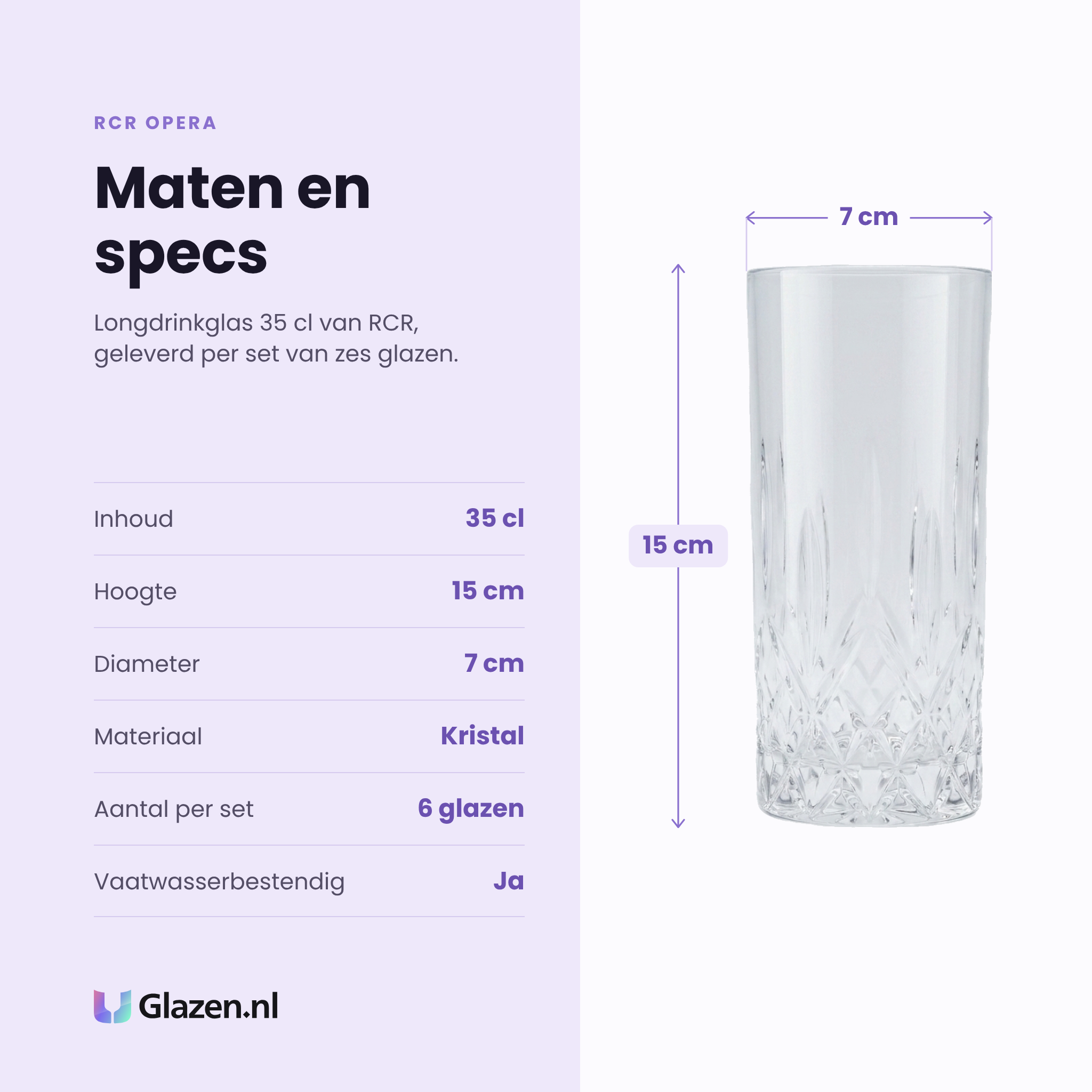 RCR Opera longdrinkglas 35 cl specificaties: inhoud 35 cl, hoogte 15 cm, diameter 7 cm, kristal, set van 6