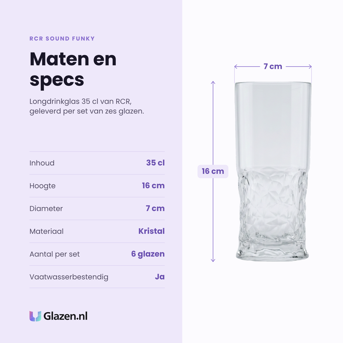 RCR Sound Funky longdrinkglas 35 cl specificaties: inhoud 35 cl, hoogte 16 cm, diameter 7 cm, kristal, set van 6