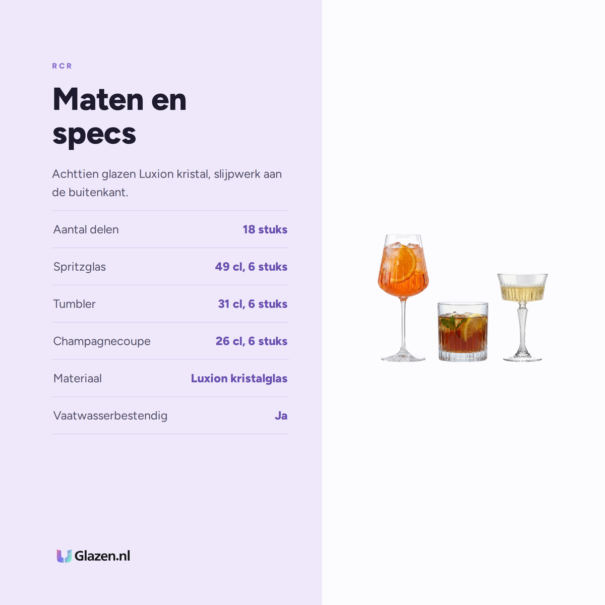 Maten en specificaties van de RCR Timeless Barset 18-Delig (Spritz, Tumbler & Coupe)
