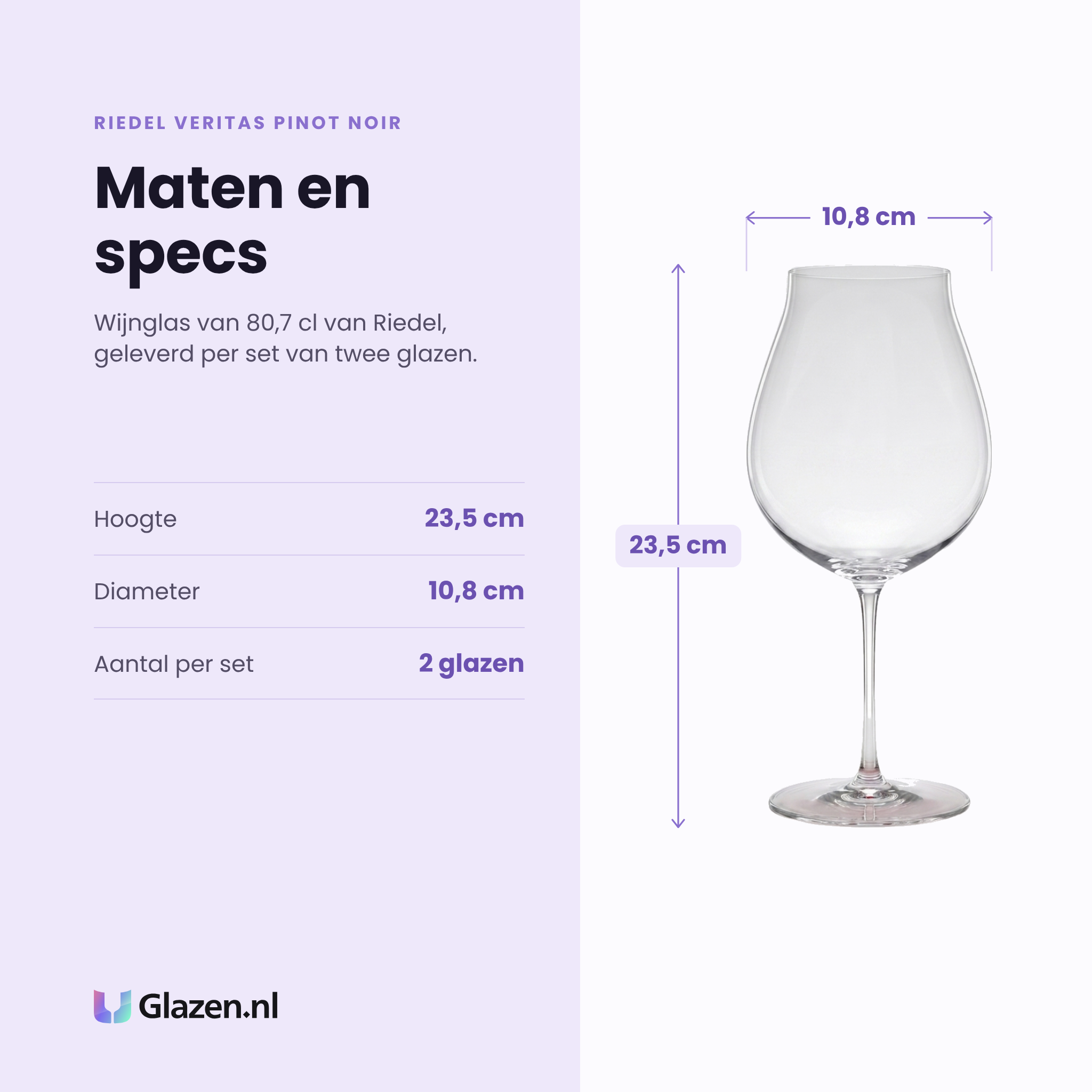 Riedel Veritas Pinot Noir wijnglas 80,7 cl specificaties: hoogte 23,5 cm, diameter 10,8 cm, set van 2