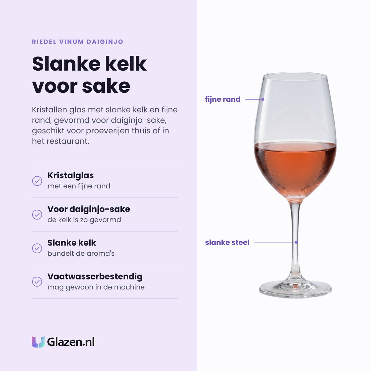 Riedel Vinum Daiginjo wijnglas 39 cl eigenschappen: kristalglas met fijne rand, kelkvorm voor daiginjo-sake, slanke kelk bundelt aroma's, vaatwasserbestendig