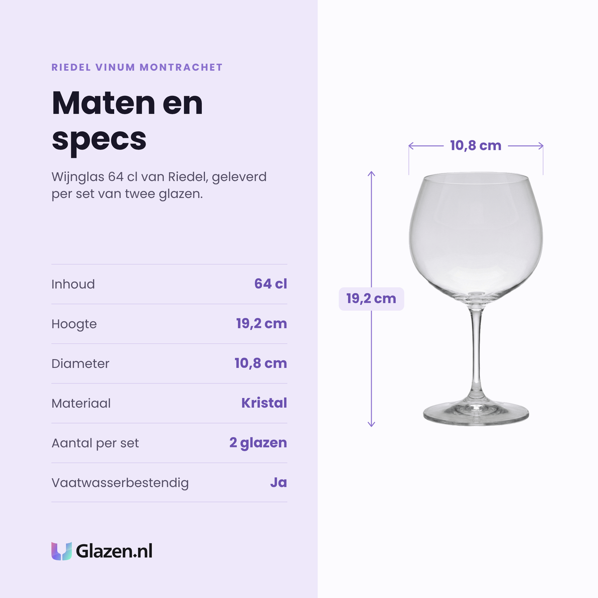 Riedel Vinum Montrachet wijnglas 64 cl specificaties: inhoud 64 cl, hoogte 19,2 cm, diameter 10,8 cm, kristal, set van 2